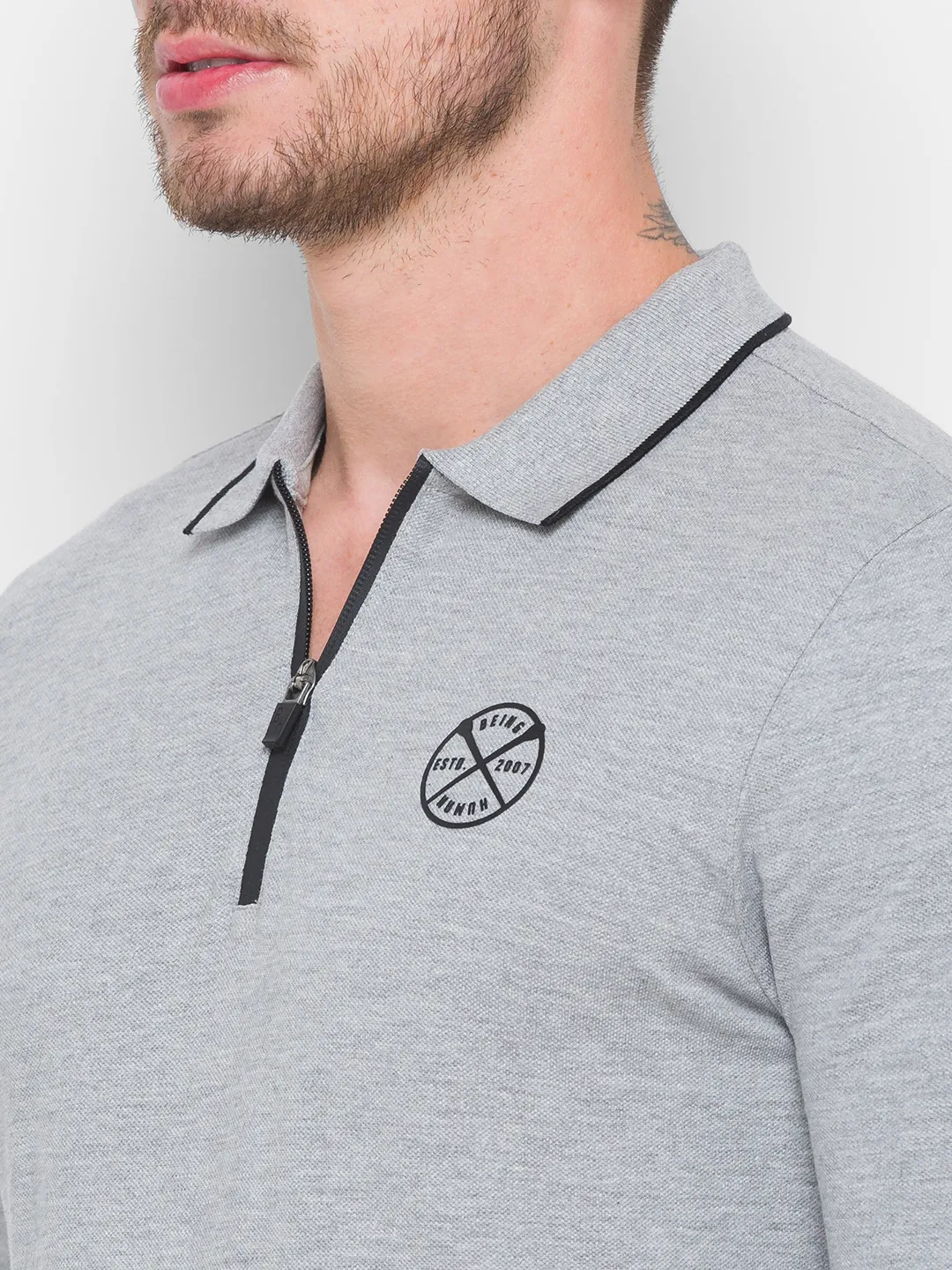 Grey Regular Fit Men's Long Sleeves Polo T-Shirt by Being Human Clothing - Image 2