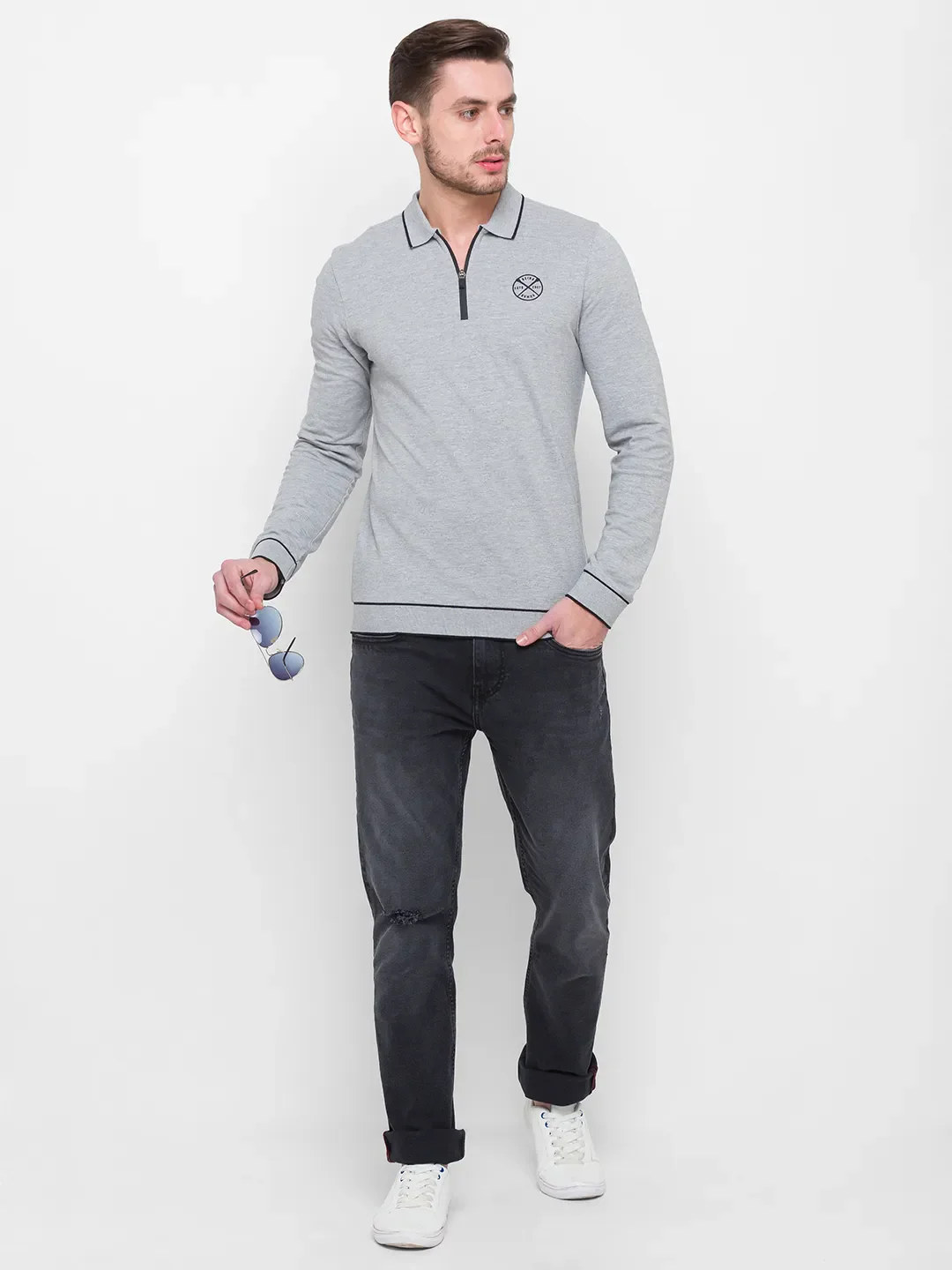 Grey Regular Fit Men's Long Sleeves Polo T-Shirt by Being Human Clothing - Image 4