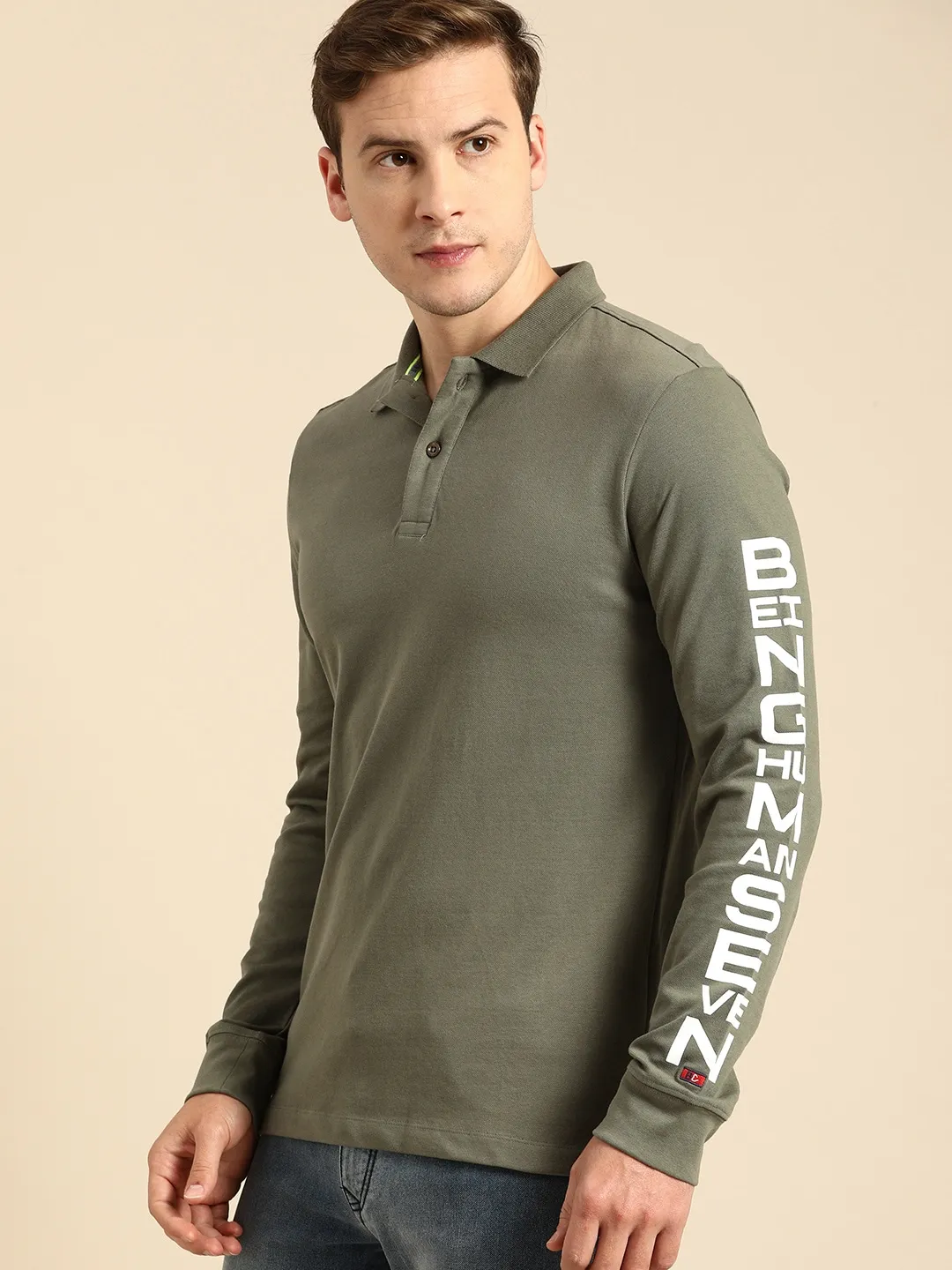 Green Regular Fit Men's Long Sleeves Polo T-Shirt by Being Human Clothing