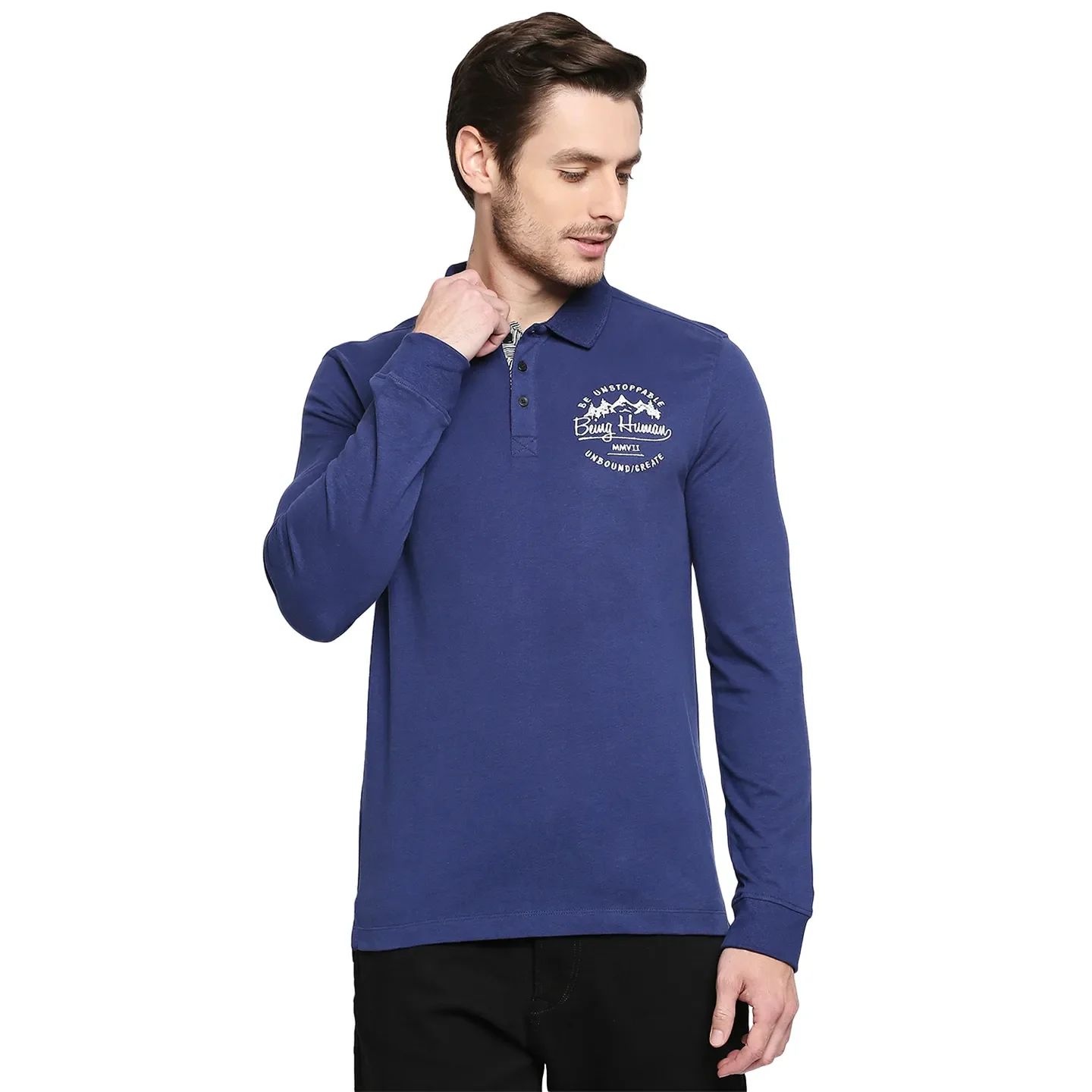 Blue Regular Fit Men's Long Sleeves Polo T-Shirt by Being Human Clothing