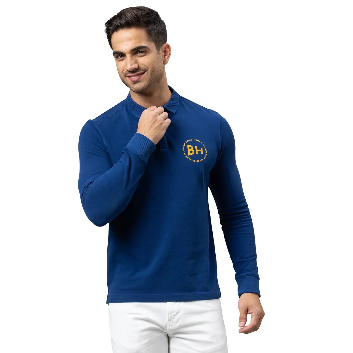 Blue Regular Fit Men's Long Sleeves Polo T-Shirt by Being Human Clothing
