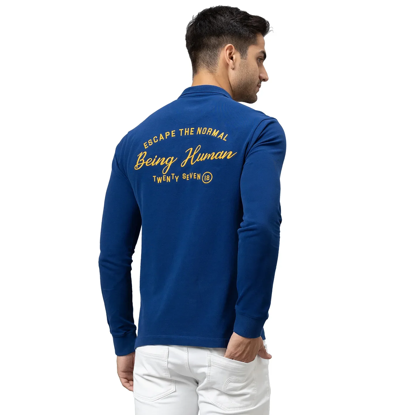Blue Regular Fit Men's Long Sleeves Polo T-Shirt by Being Human Clothing - Image 3