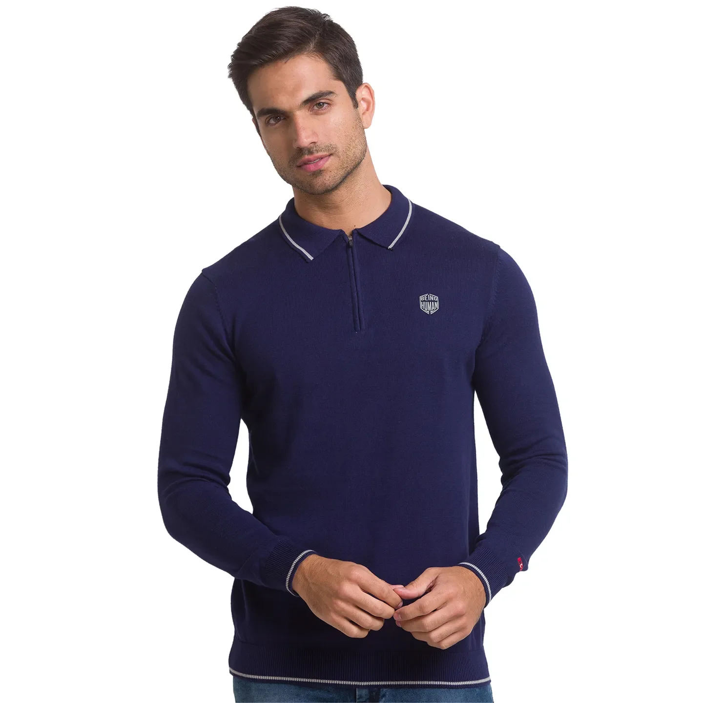 Blue Regular Fit Men's Long Sleeves Polo T-Shirt by Being Human Clothing - Image 2