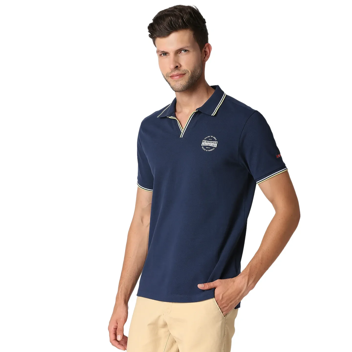 Blue Slim Straight Fit Men's Polo T-Shirt by Being Human Clothing - Image 2
