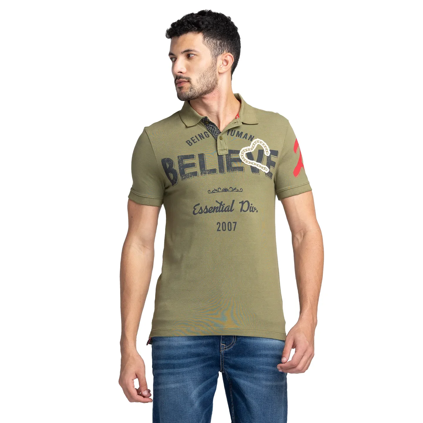 Olive Slim Fit Men's Polo T-shirt by Being Human Clothing