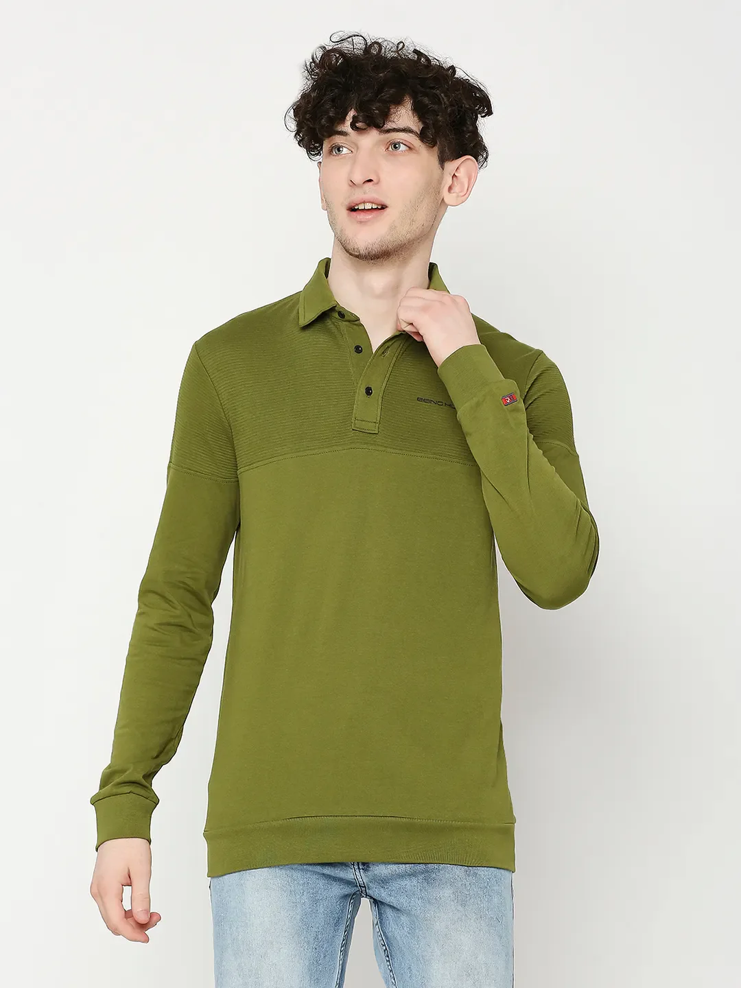 Green Regular Fit Men's Long Sleeves Polo T-Shirt by Being Human Clothing