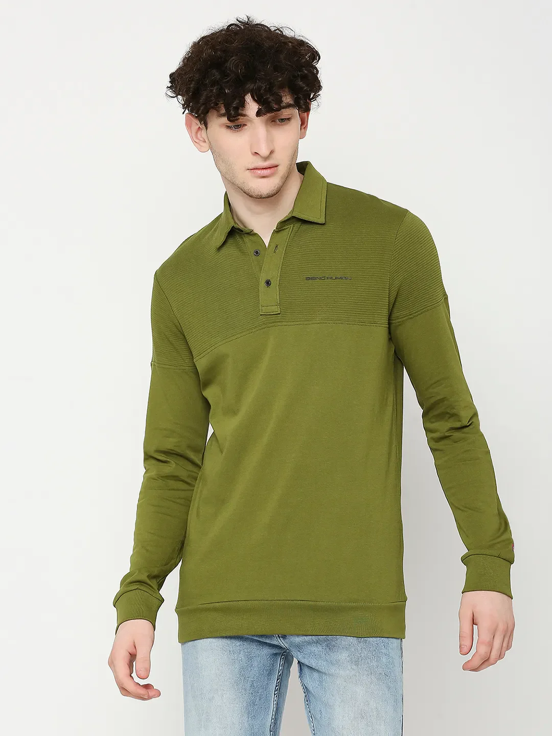 Green Regular Fit Men's Long Sleeves Polo T-Shirt by Being Human Clothing - Image 2