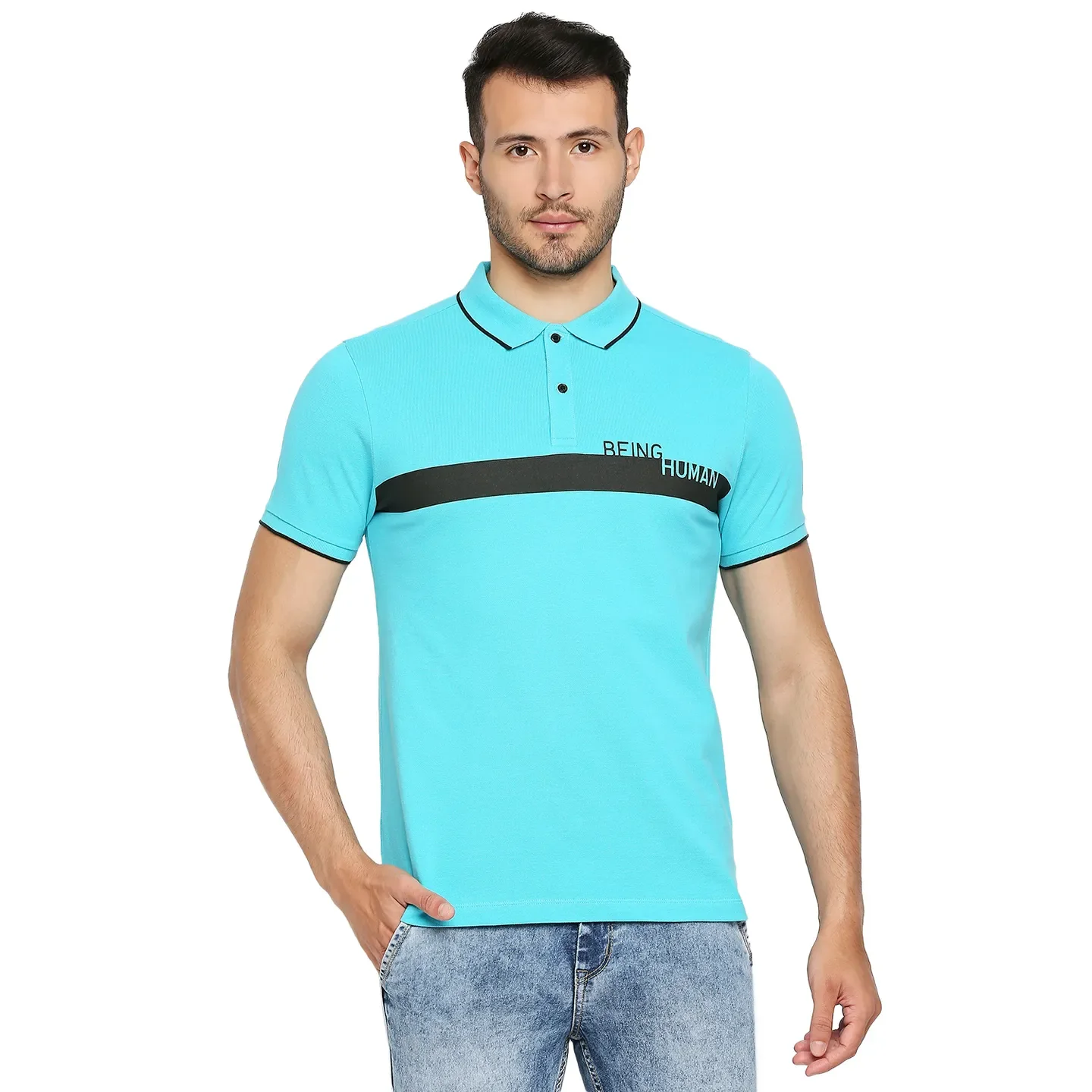 Blue Regular Fit Men's Polo T-Shirt by Being Human Clothing
