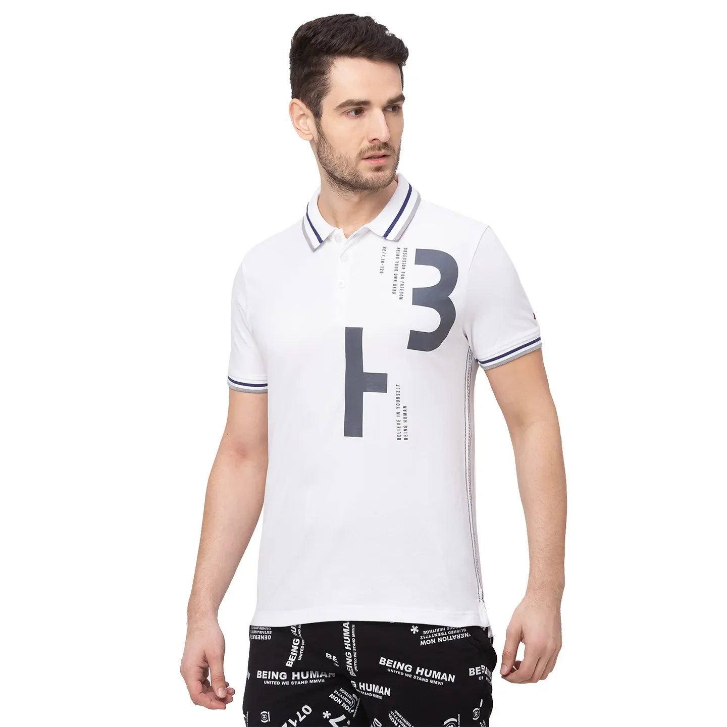 White Regular Fit Men's Polo T-Shirt by Being Human Clothing - Image 3