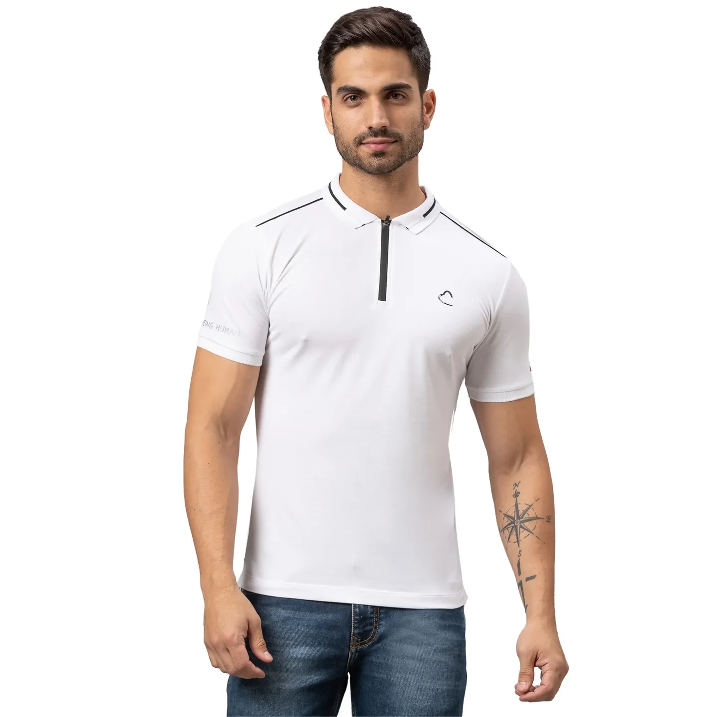 White Regular Fit Men's Polo T-Shirt by Being Human Clothing