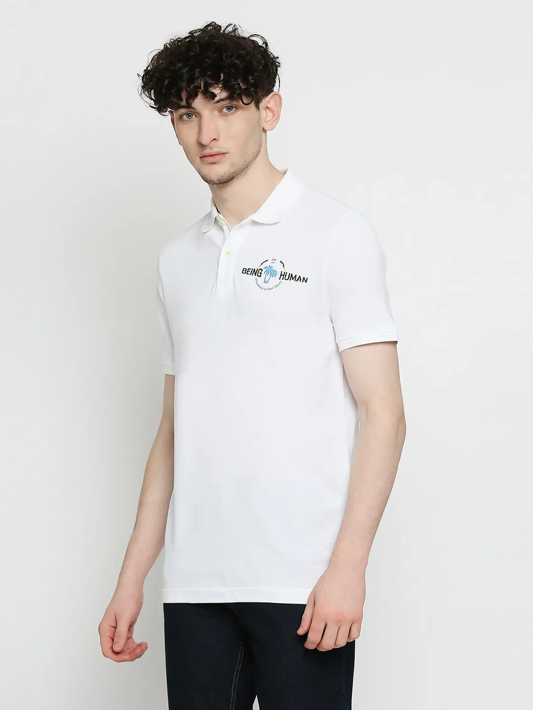 White Regular Fit Men's Polo T-Shirt by Being Human Clothing - Image 2
