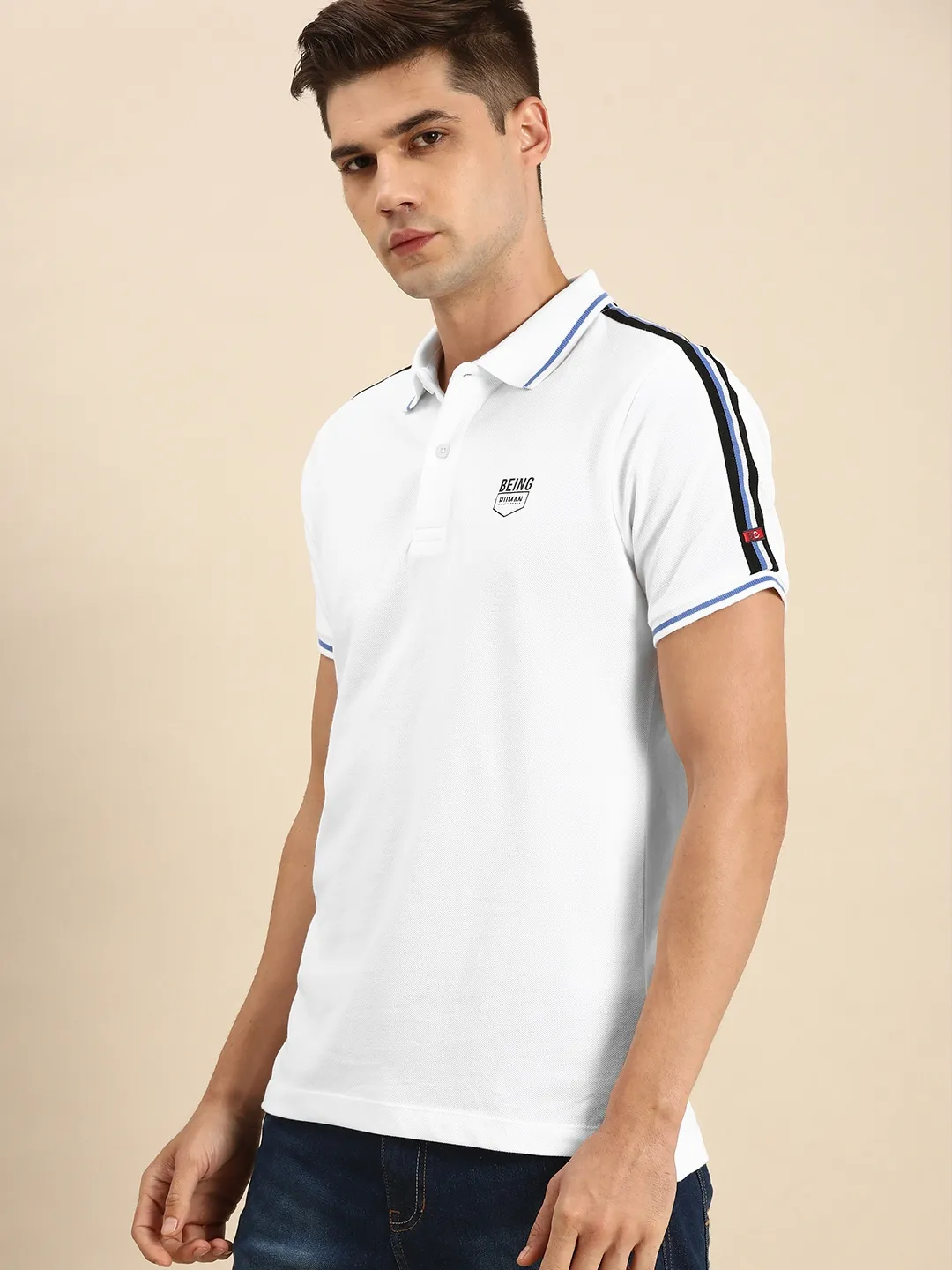 White Regular Fit Men's Polo T-Shirt by Being Human Clothing - Image 2