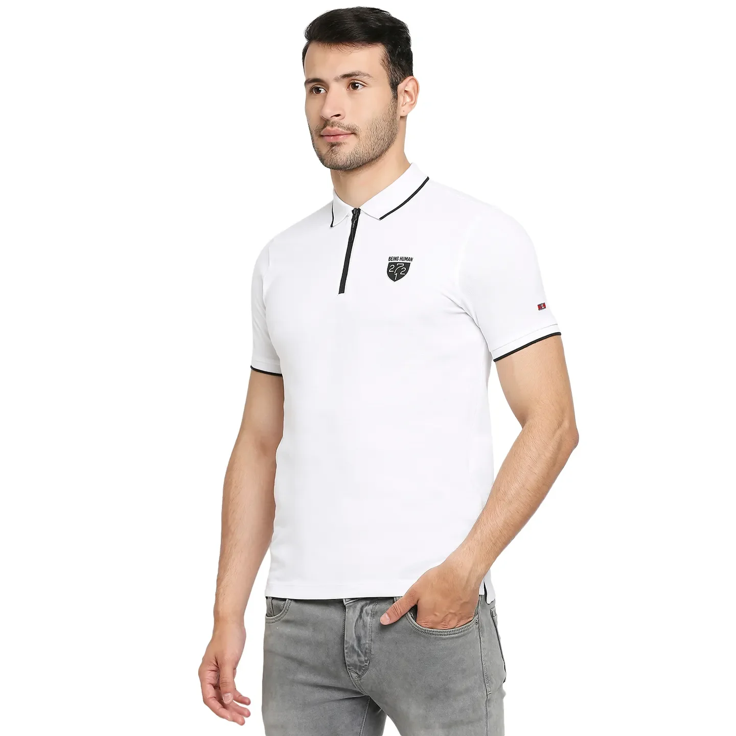 White Regular Fit Men's Polo T-Shirt by Being Human Clothing - Image 2