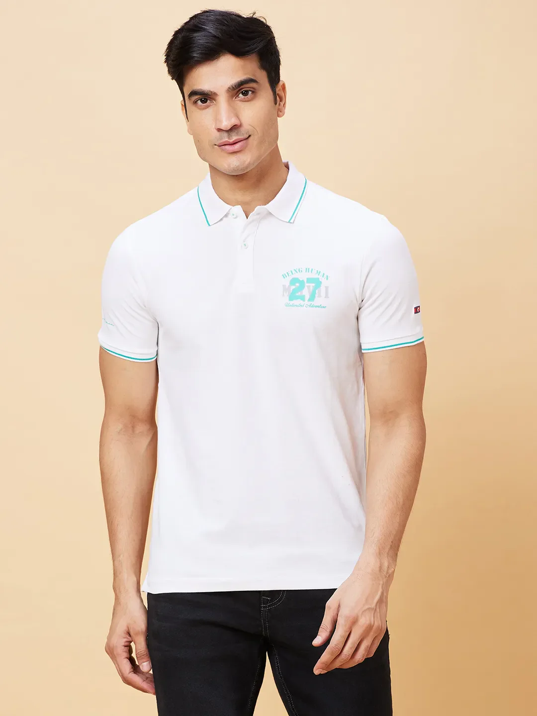 White Regular Fit Men's Polo T-Shirt by Being Human Clothing
