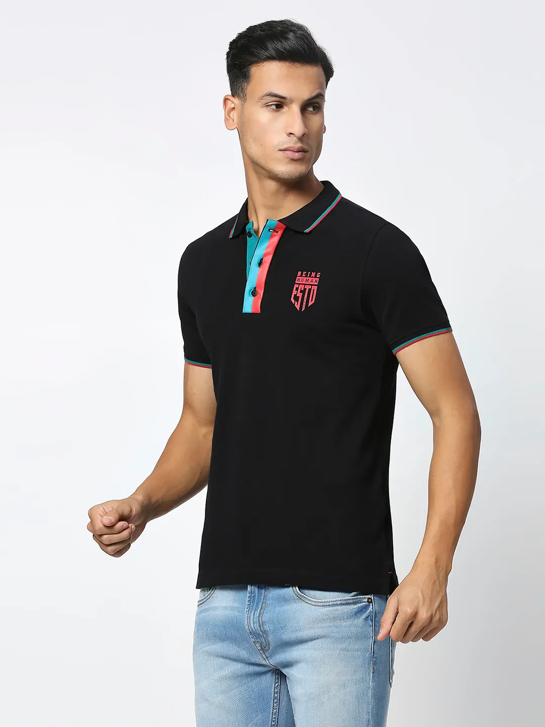 Black Regular Fit Men's Polo T-Shirt by Being Human Clothing - Image 2
