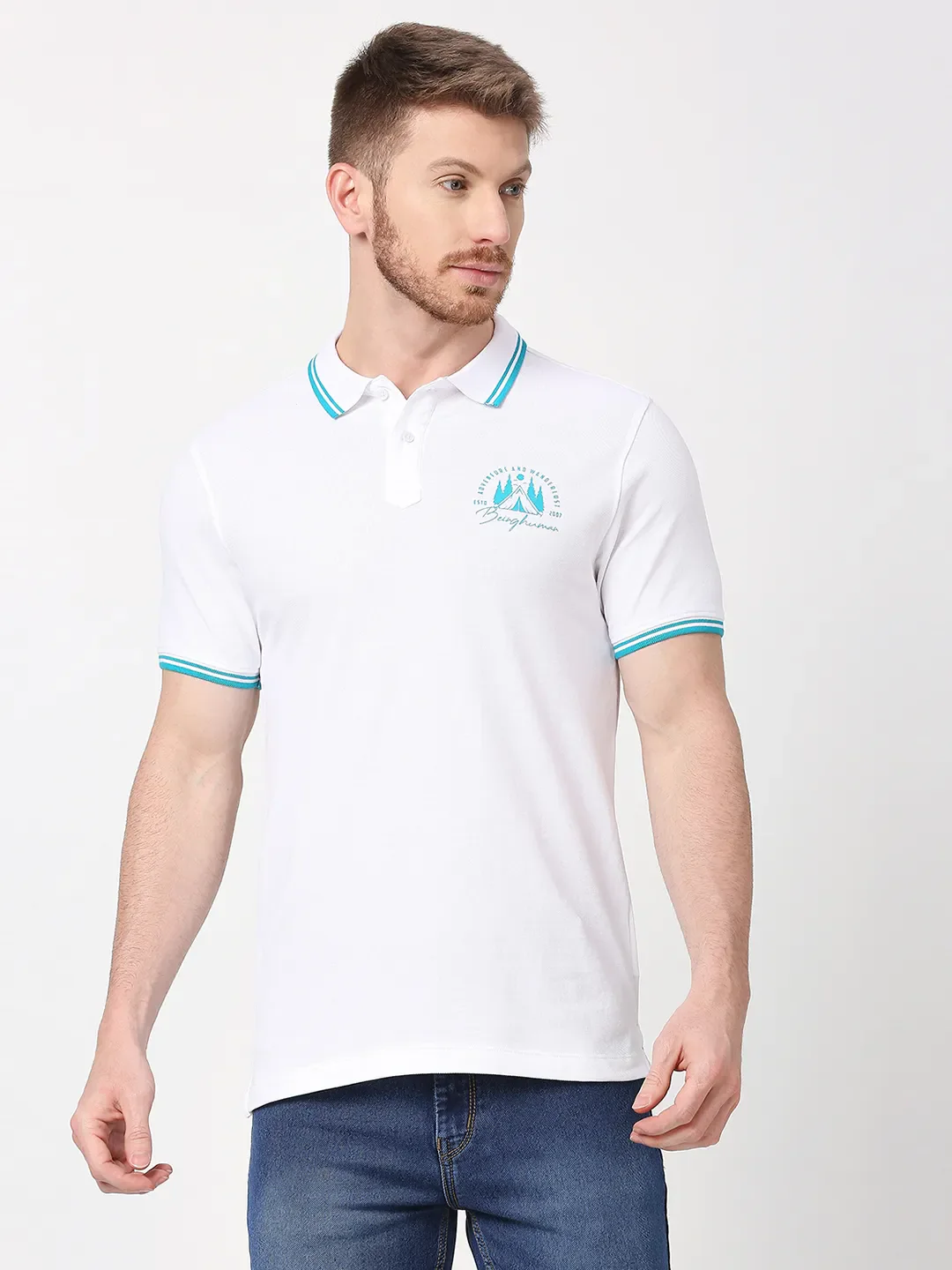White Regular Fit Men's Polo T-Shirt by Being Human Clothing