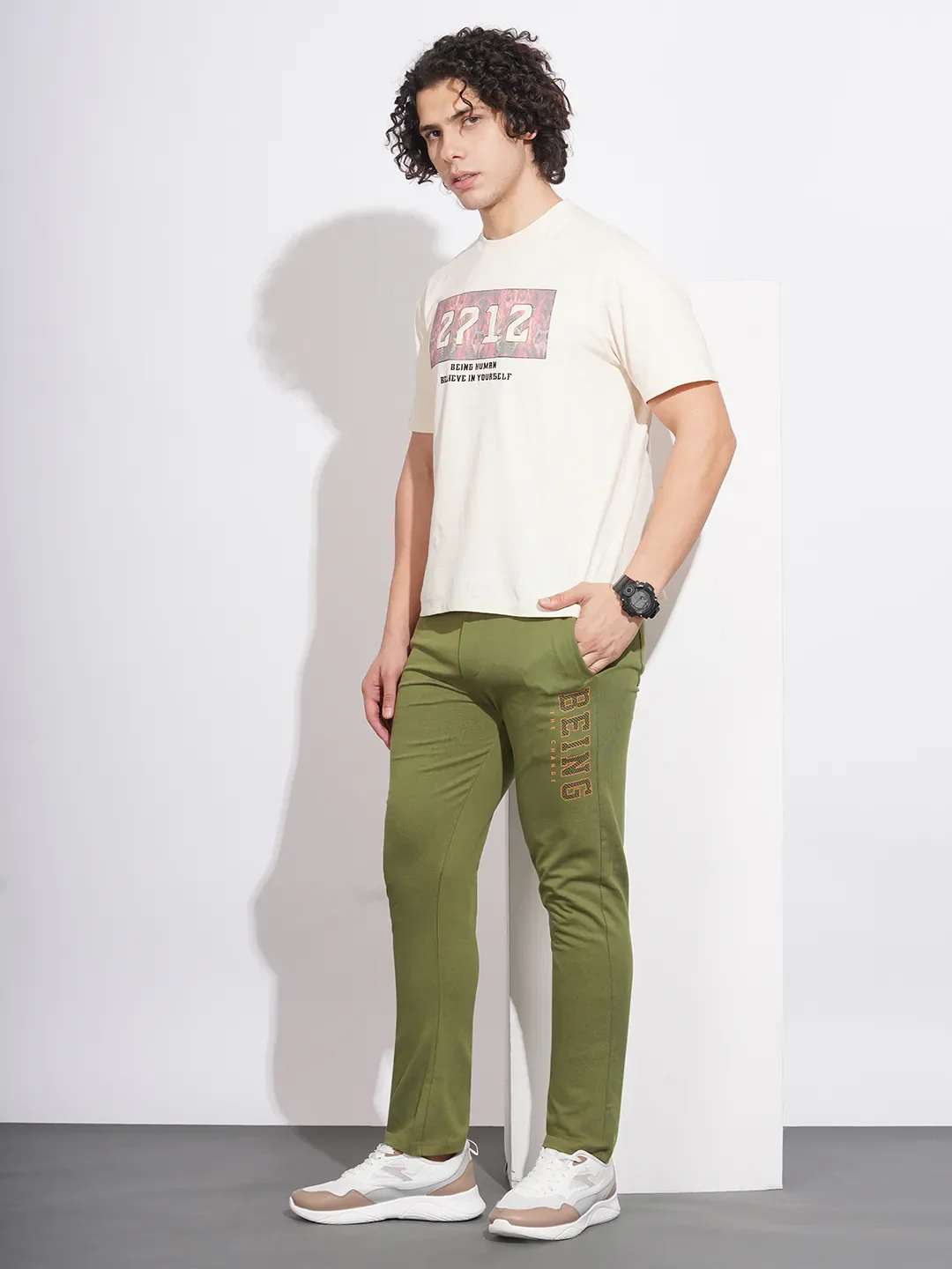 Olive Regular Fit Men's Track Pants by Being Human Clothing - Image 4