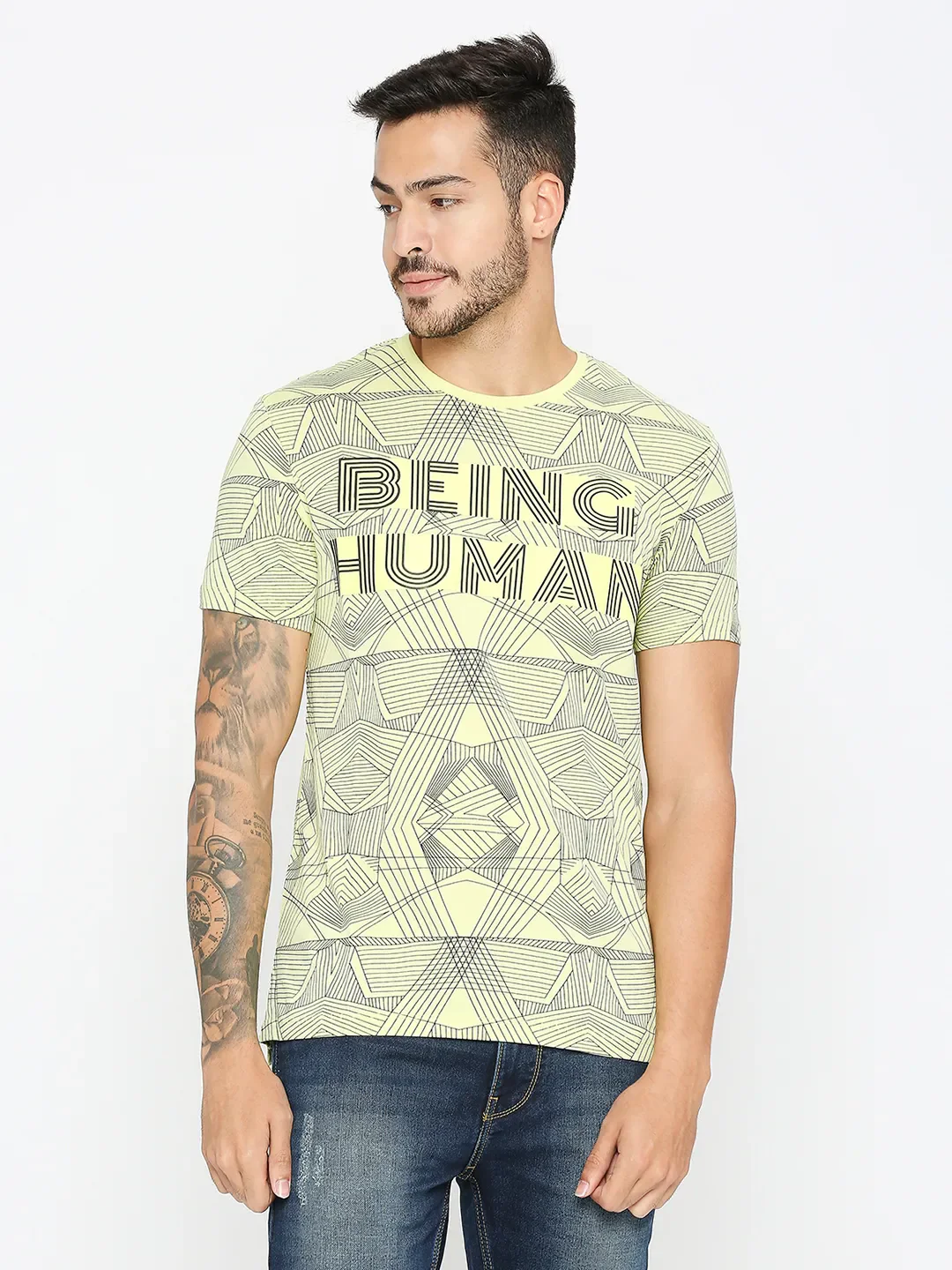 Wax Yellow Regular Fit Round Neck Men's T-Shirt by Being Human Clothing