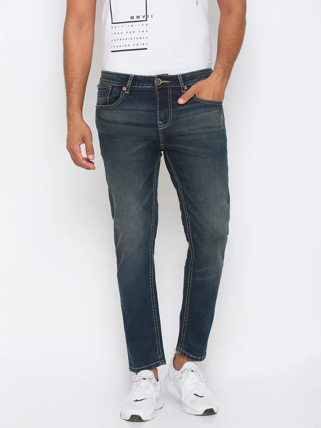 Blue Skinny Cropped Fit Men's Denims by Being Human Clothing