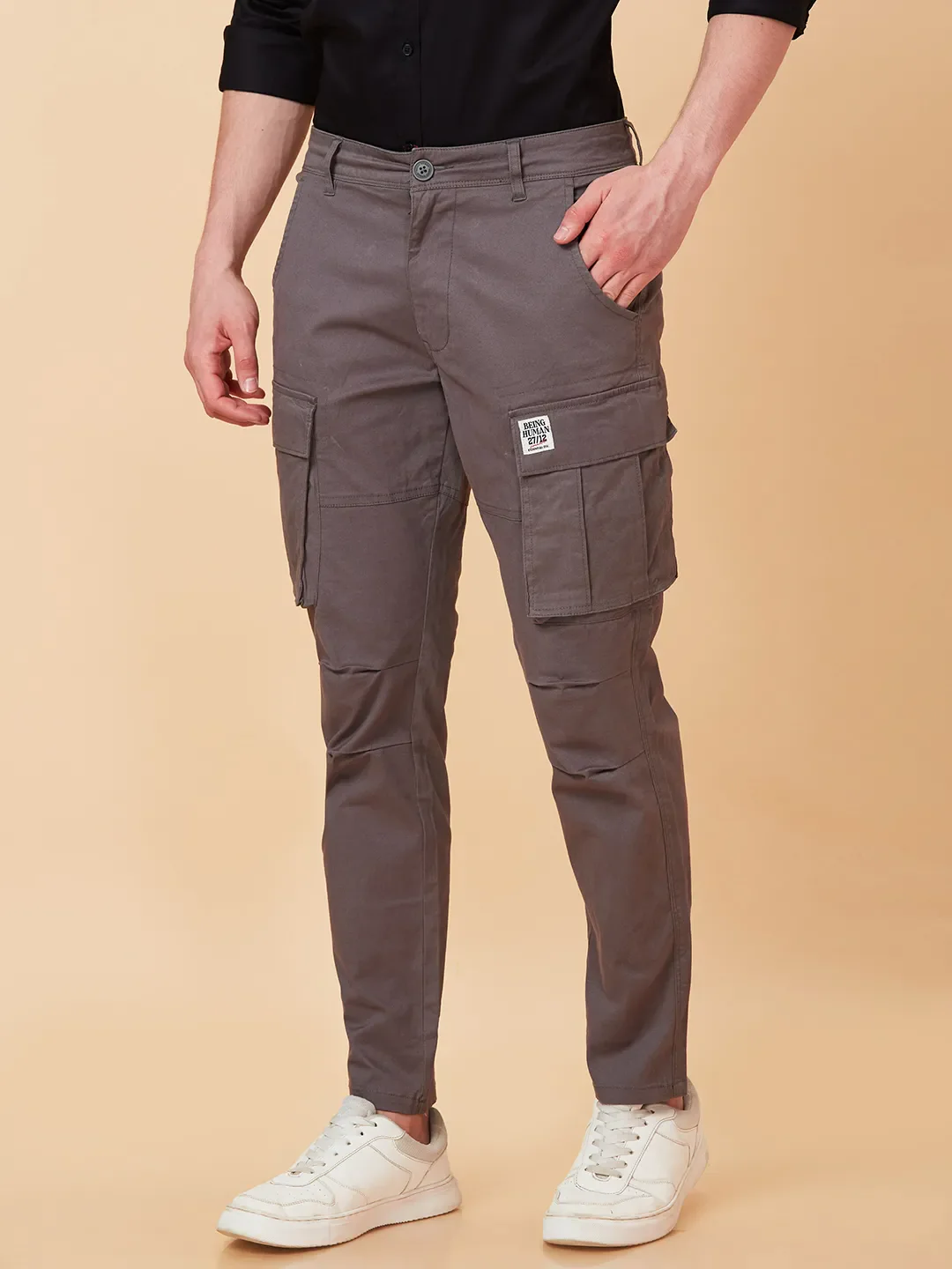 Grey Slim Fit Men's Cargos by Being Human Clothing - Image 4