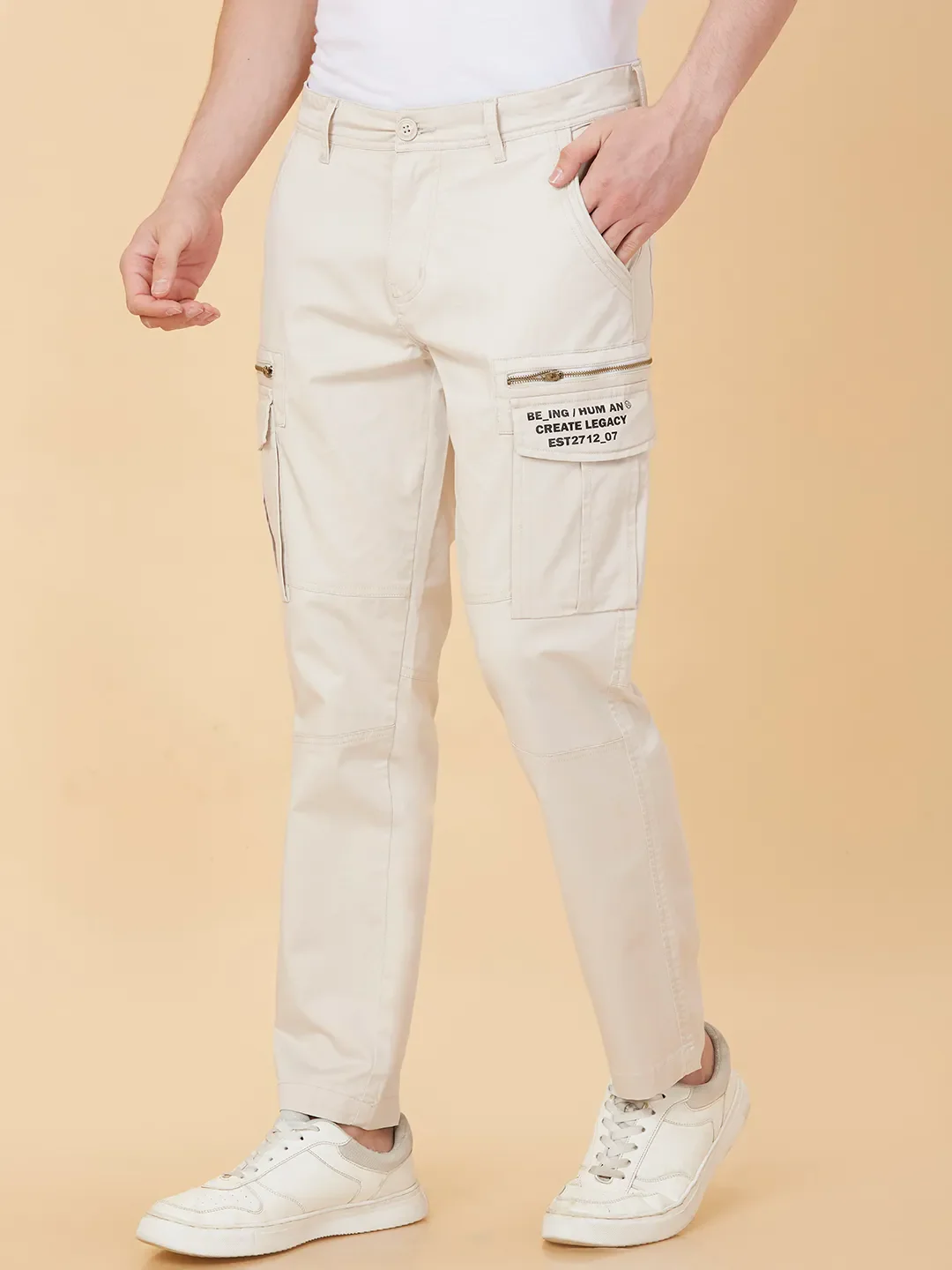 Beige Slim Fit Men's Chinos by Being Human Clothing - Image 4
