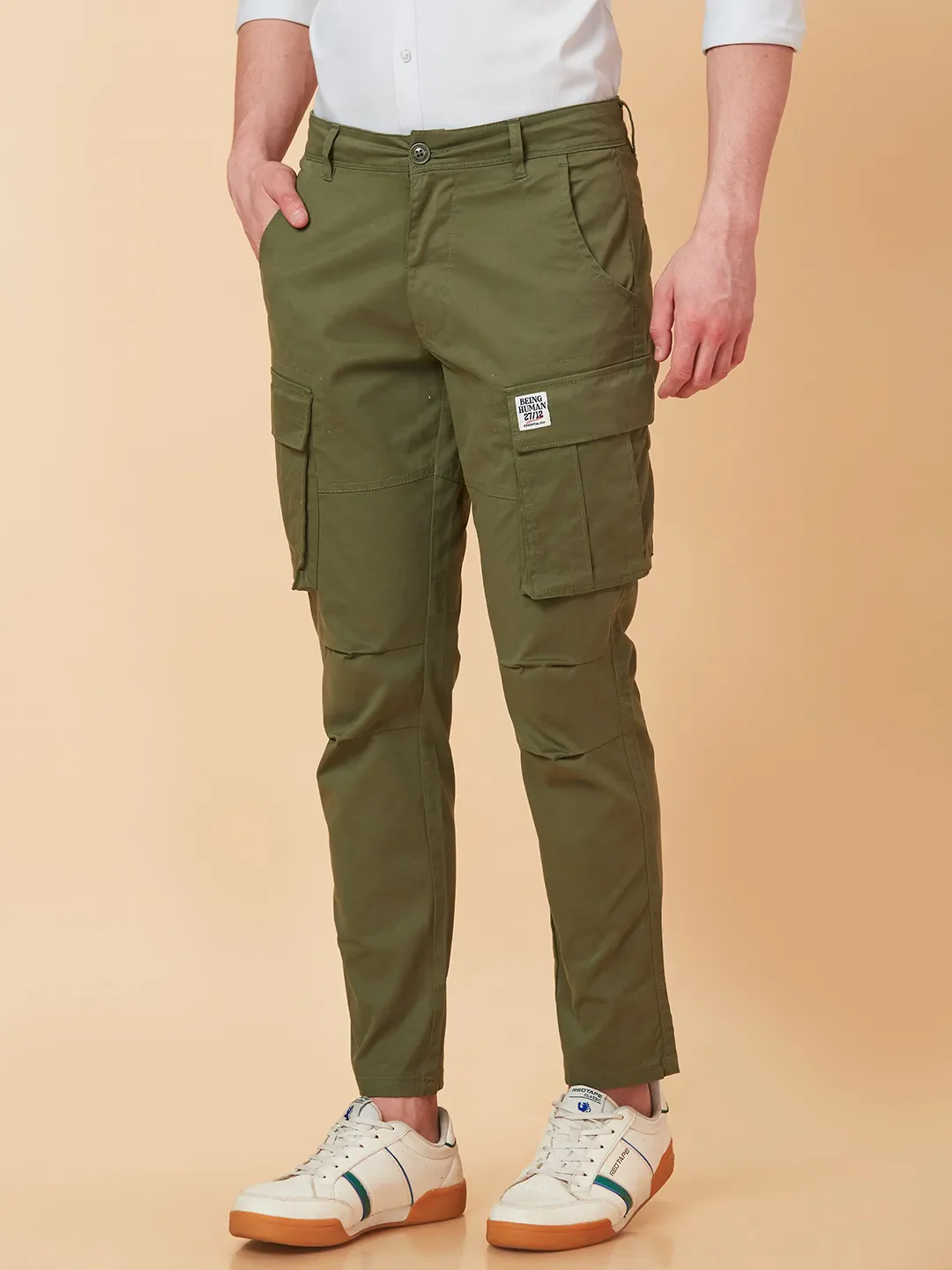 Olive Slim Fit Men's Cargos by Being Human Clothing - Image 4