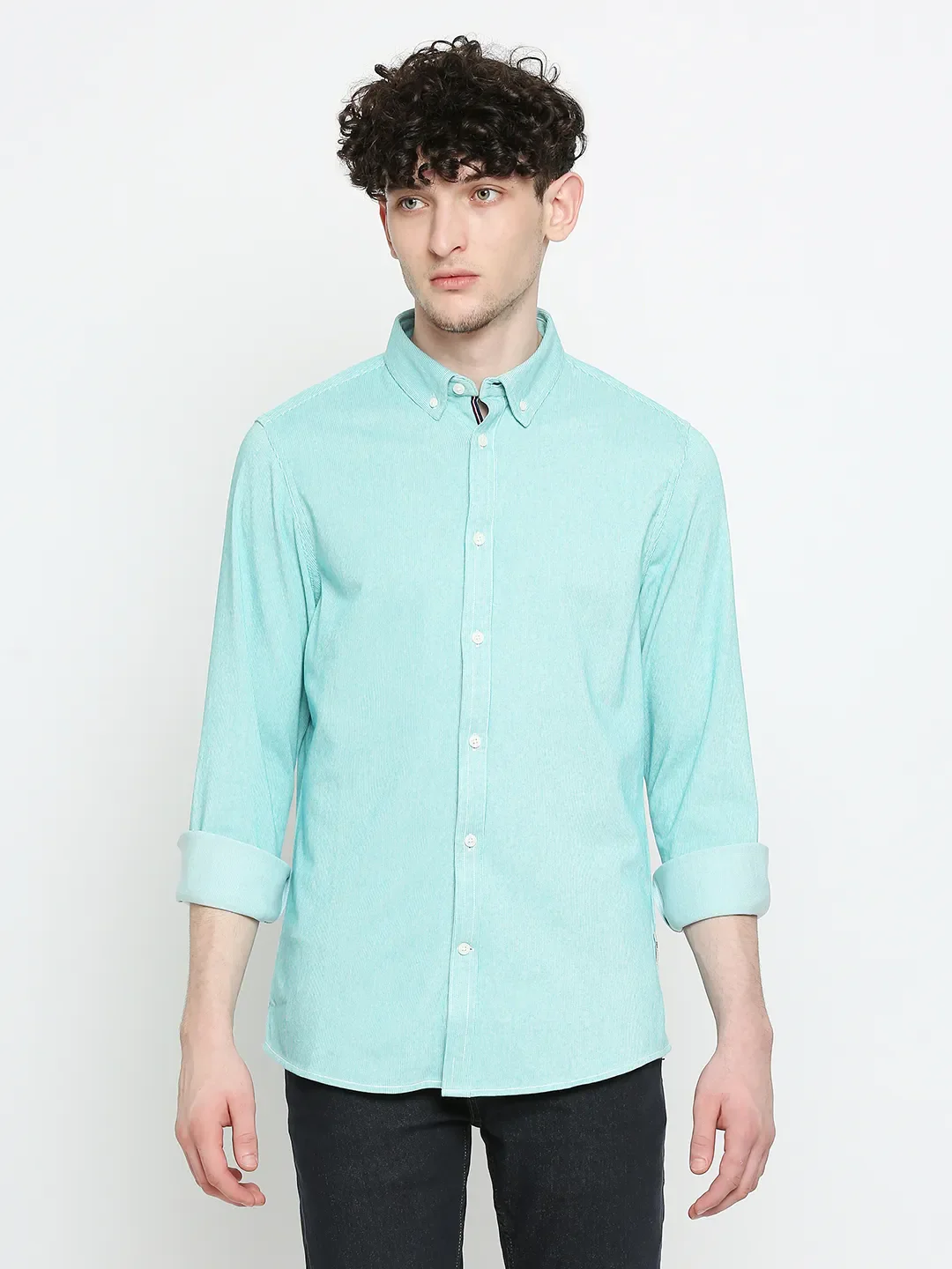 Blue Slim Straight Fit Regular Collar Long Sleeves Cotton Men's Shirt by Being Human Clothing