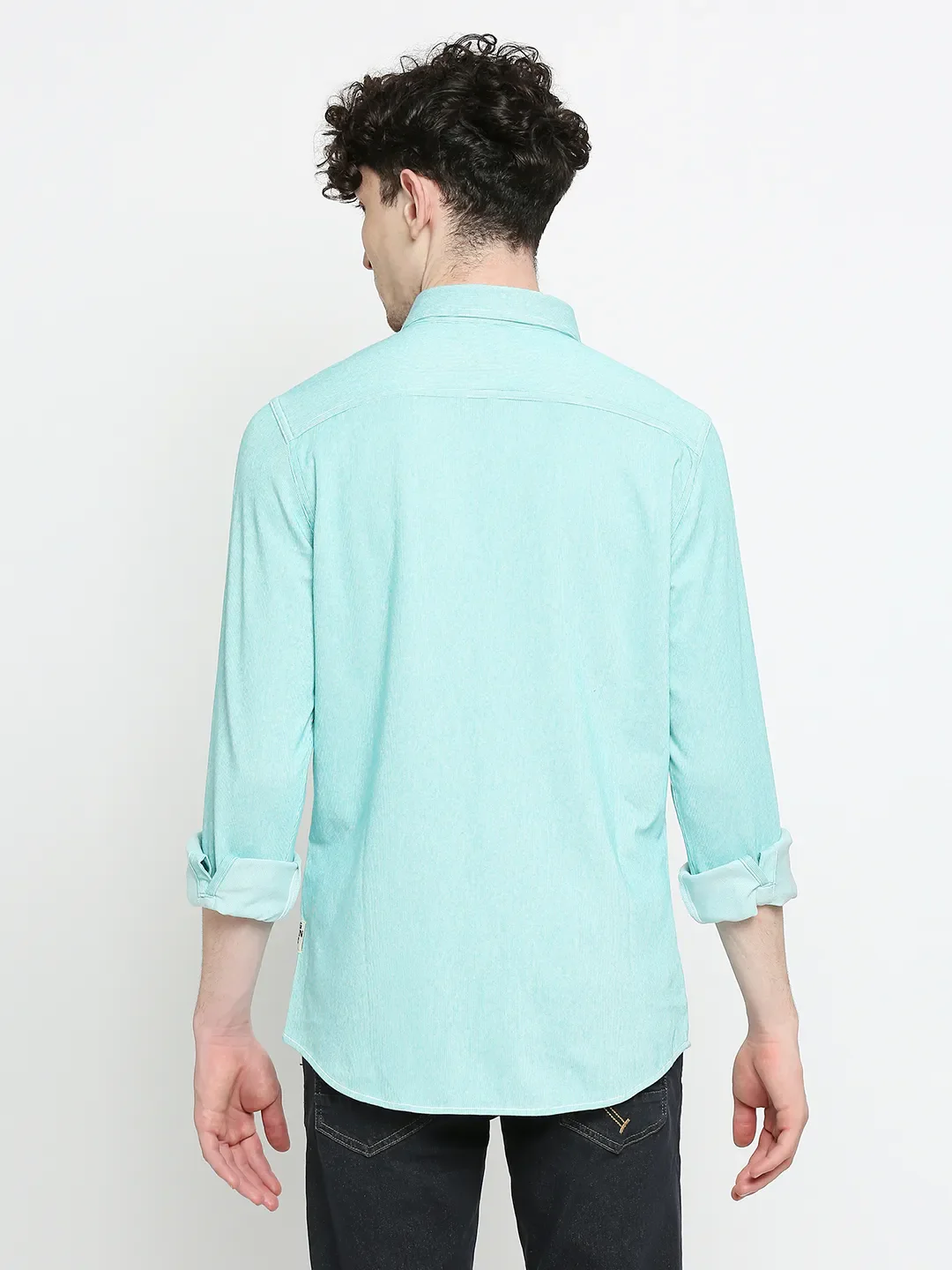 Blue Slim Straight Fit Regular Collar Long Sleeves Cotton Men's Shirt by Being Human Clothing - Image 4
