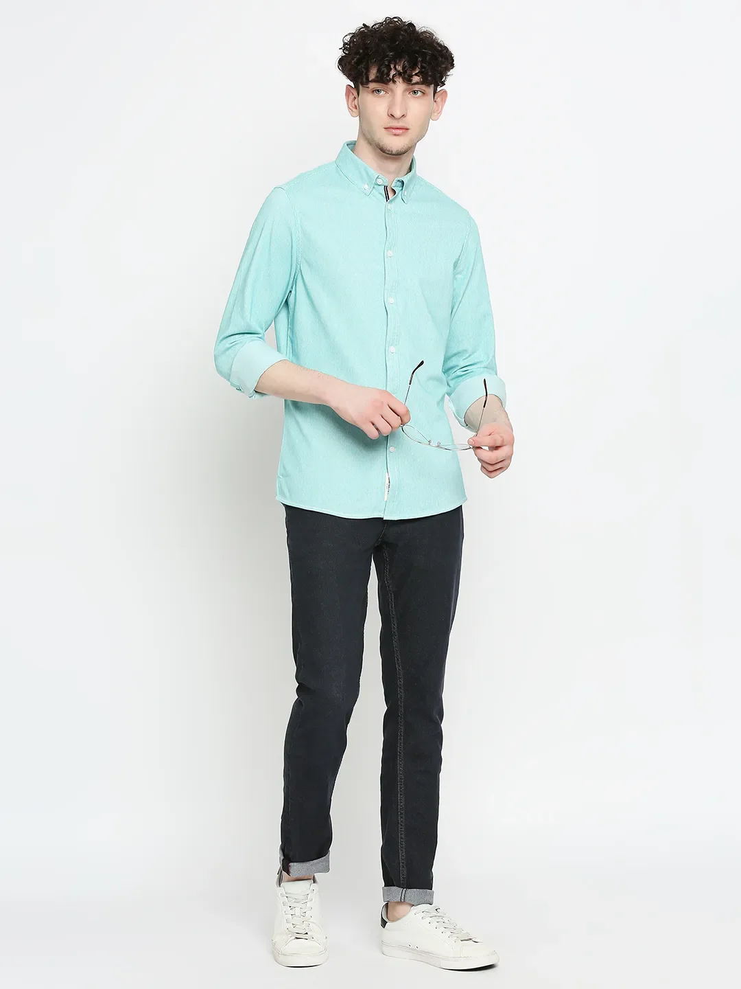 Blue Slim Straight Fit Regular Collar Long Sleeves Cotton Men's Shirt by Being Human Clothing - Image 6