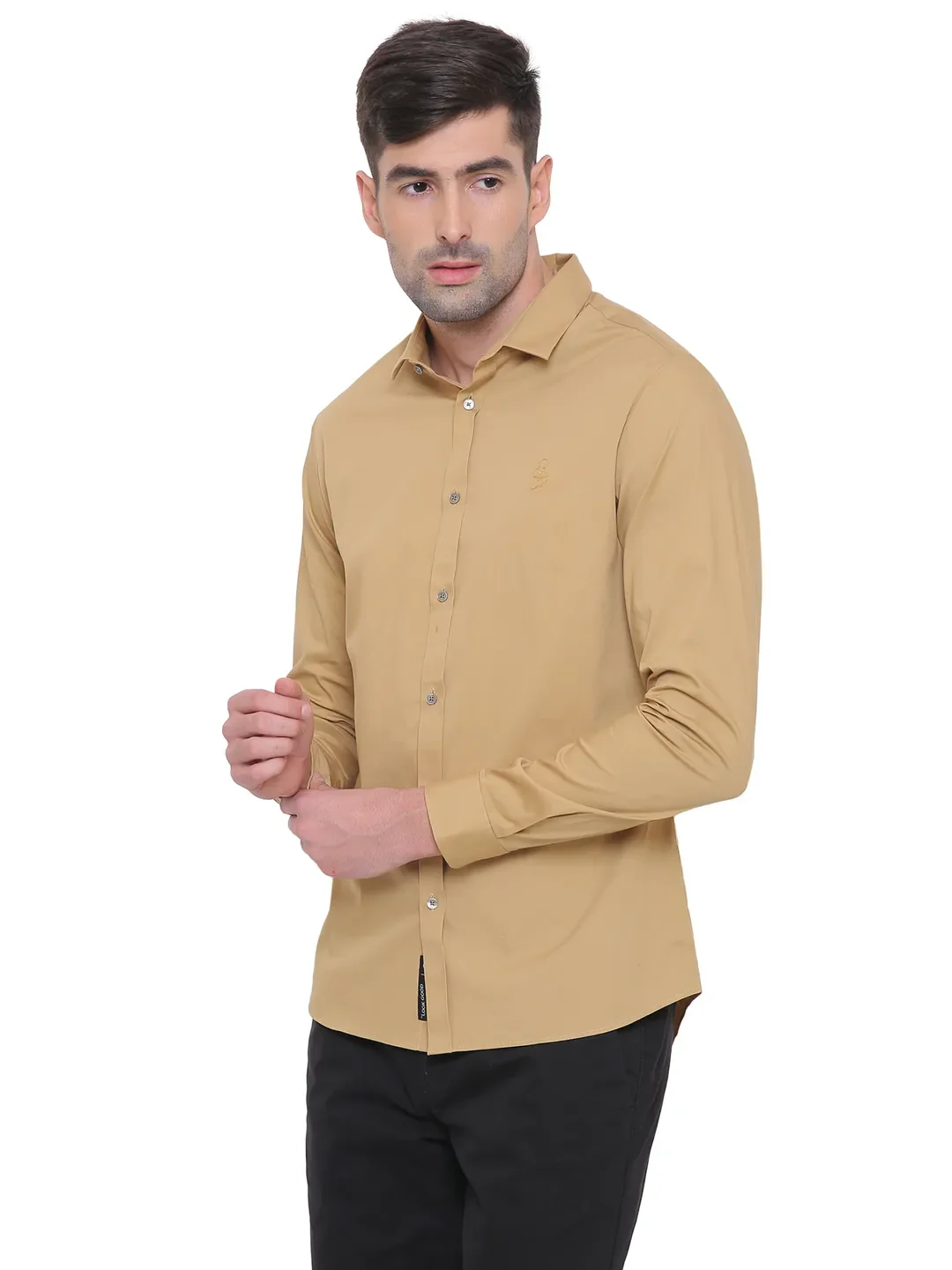 Beige Slim Straight Fit Regular Collar Long Sleeves Cotton Men's Shirt by Being Human Clothing - Image 2