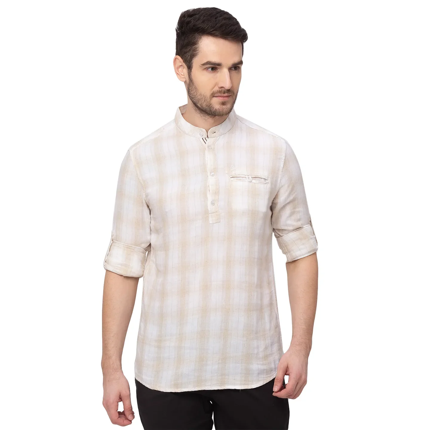 Beige Slim Straight Fit Mandarin Collar Long Sleeves Linen Men's Shirt by Being Human Clothing
