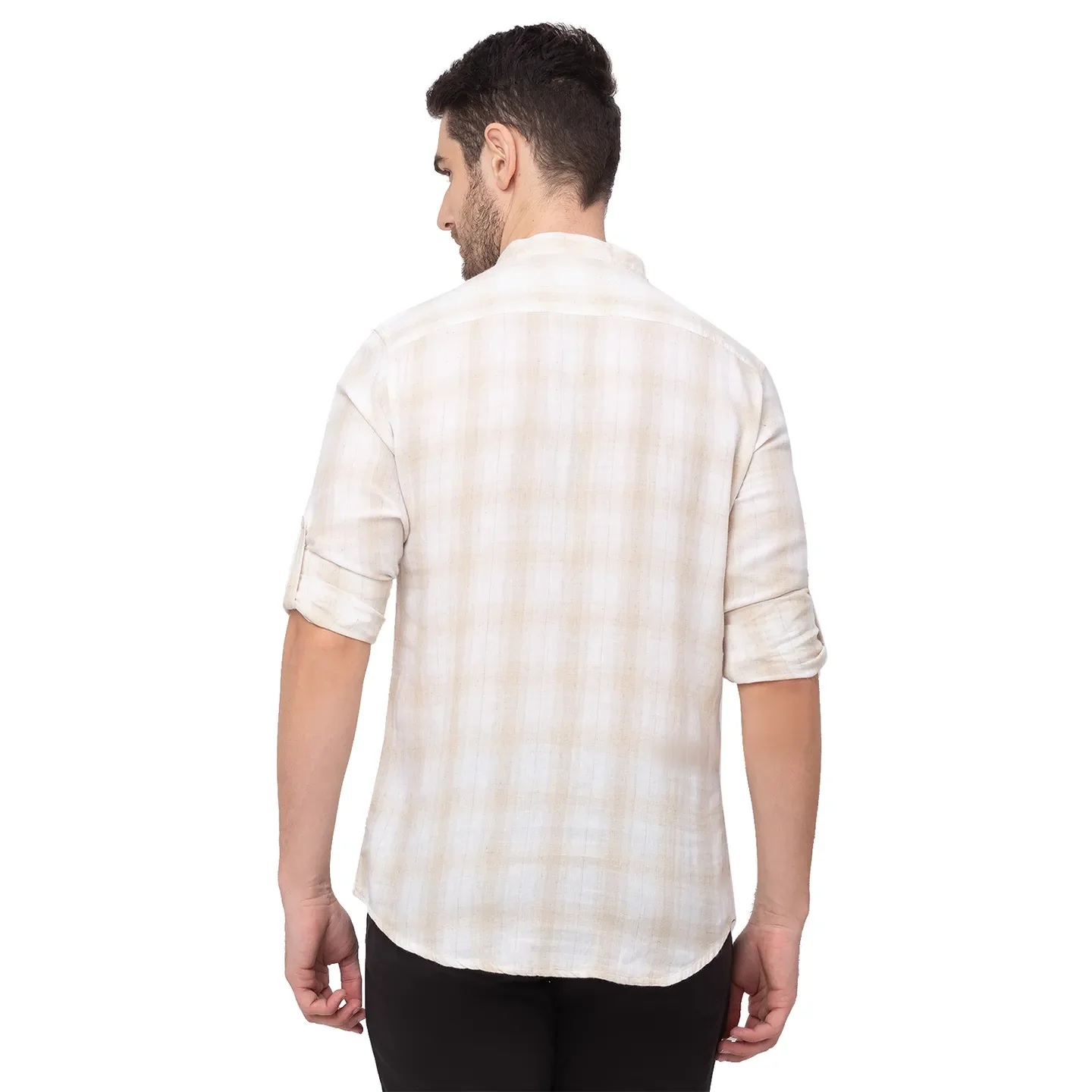 Beige Slim Straight Fit Mandarin Collar Long Sleeves Linen Men's Shirt by Being Human Clothing - Image 2