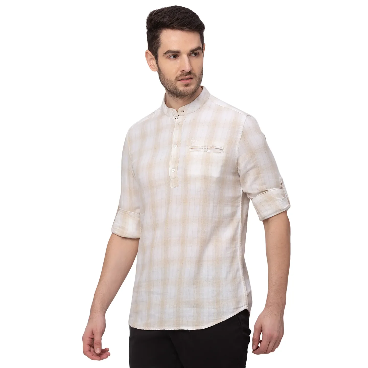 Beige Slim Straight Fit Mandarin Collar Long Sleeves Linen Men's Shirt by Being Human Clothing - Image 3