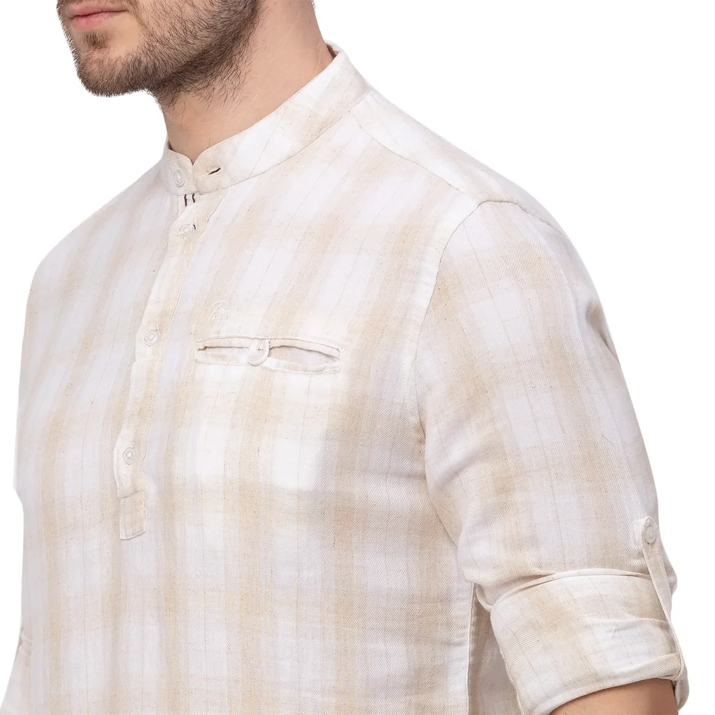 Beige Slim Straight Fit Mandarin Collar Long Sleeves Linen Men's Shirt by Being Human Clothing - Image 4