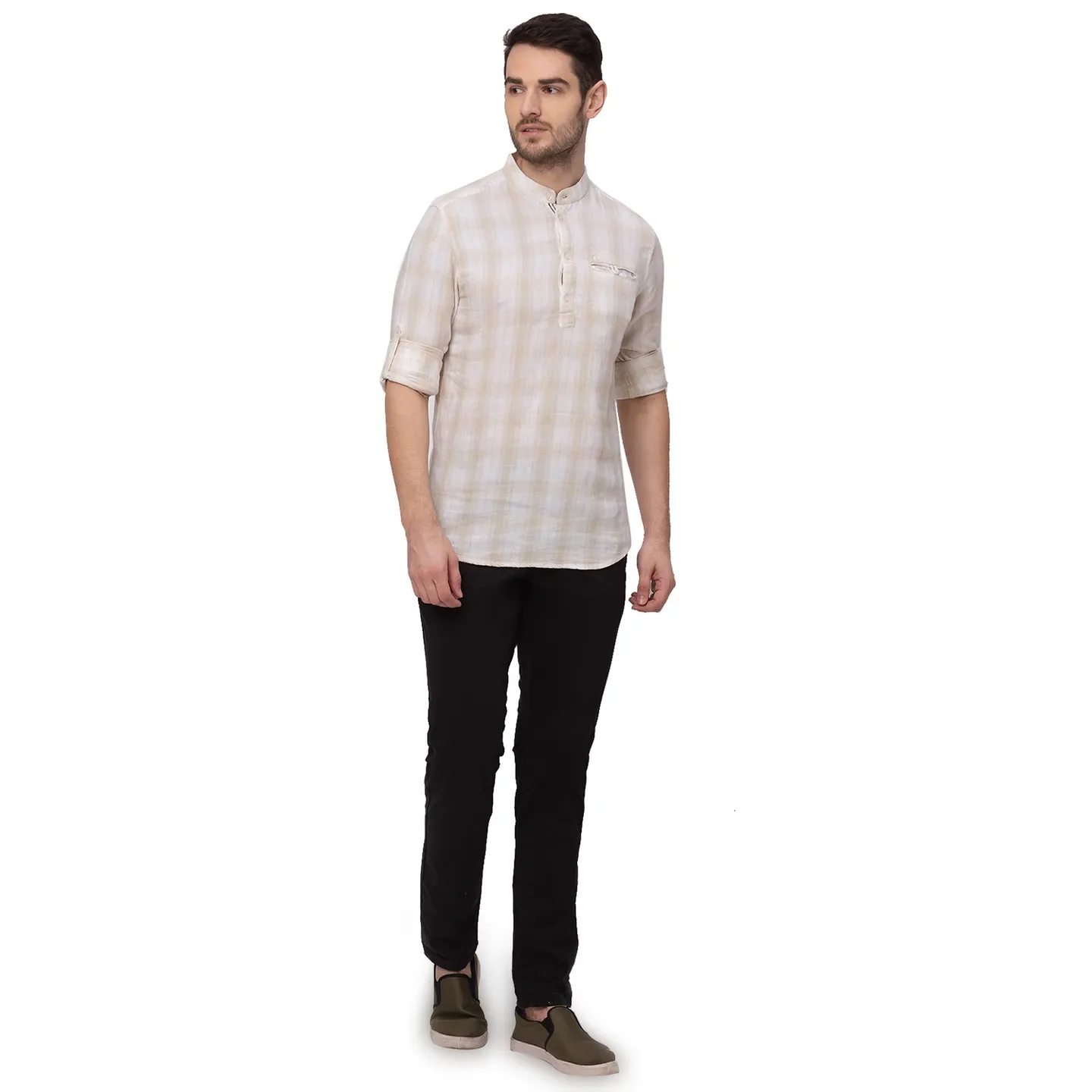 Beige Slim Straight Fit Mandarin Collar Long Sleeves Linen Men's Shirt by Being Human Clothing - Image 5