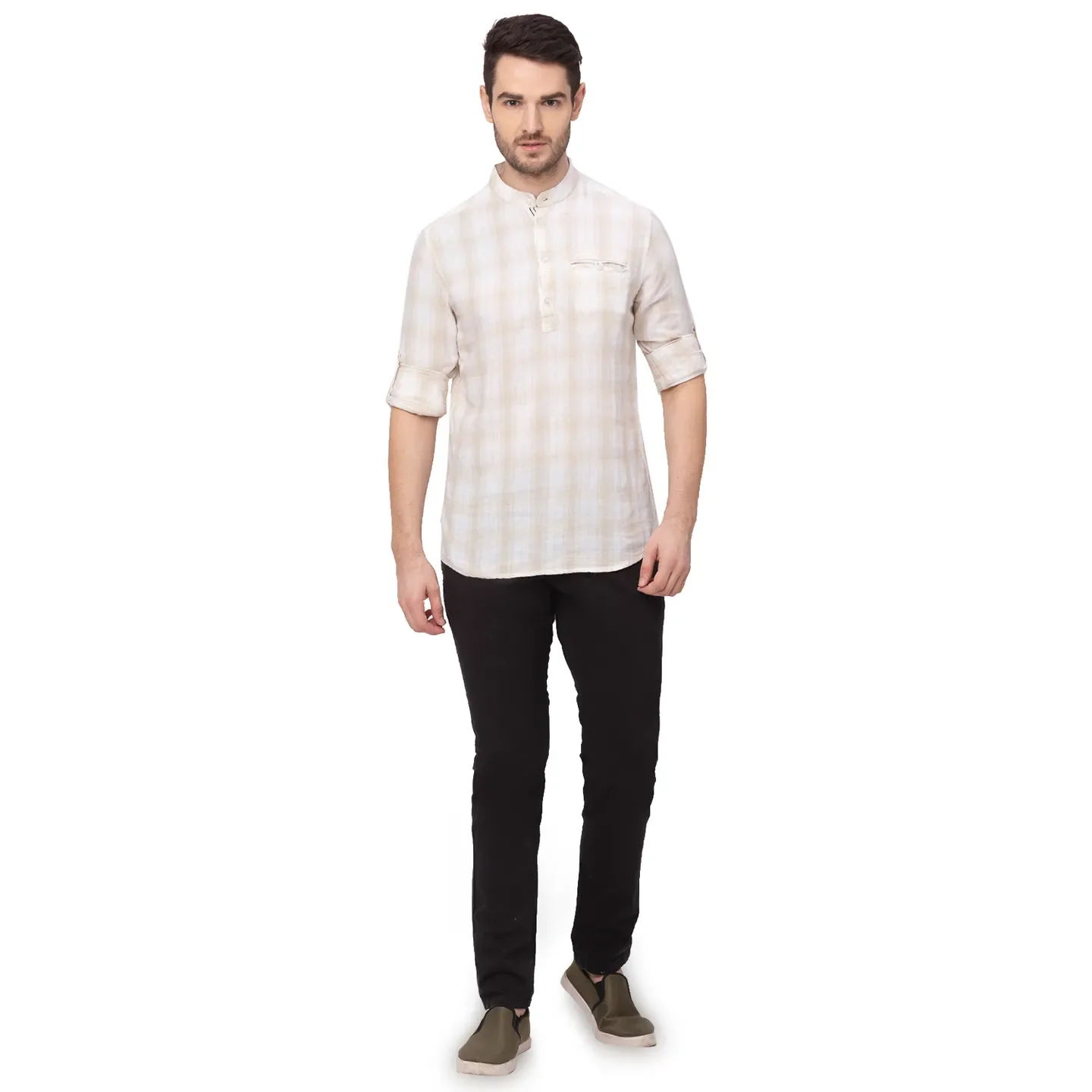 Beige Slim Straight Fit Mandarin Collar Long Sleeves Linen Men's Shirt by Being Human Clothing - Image 6