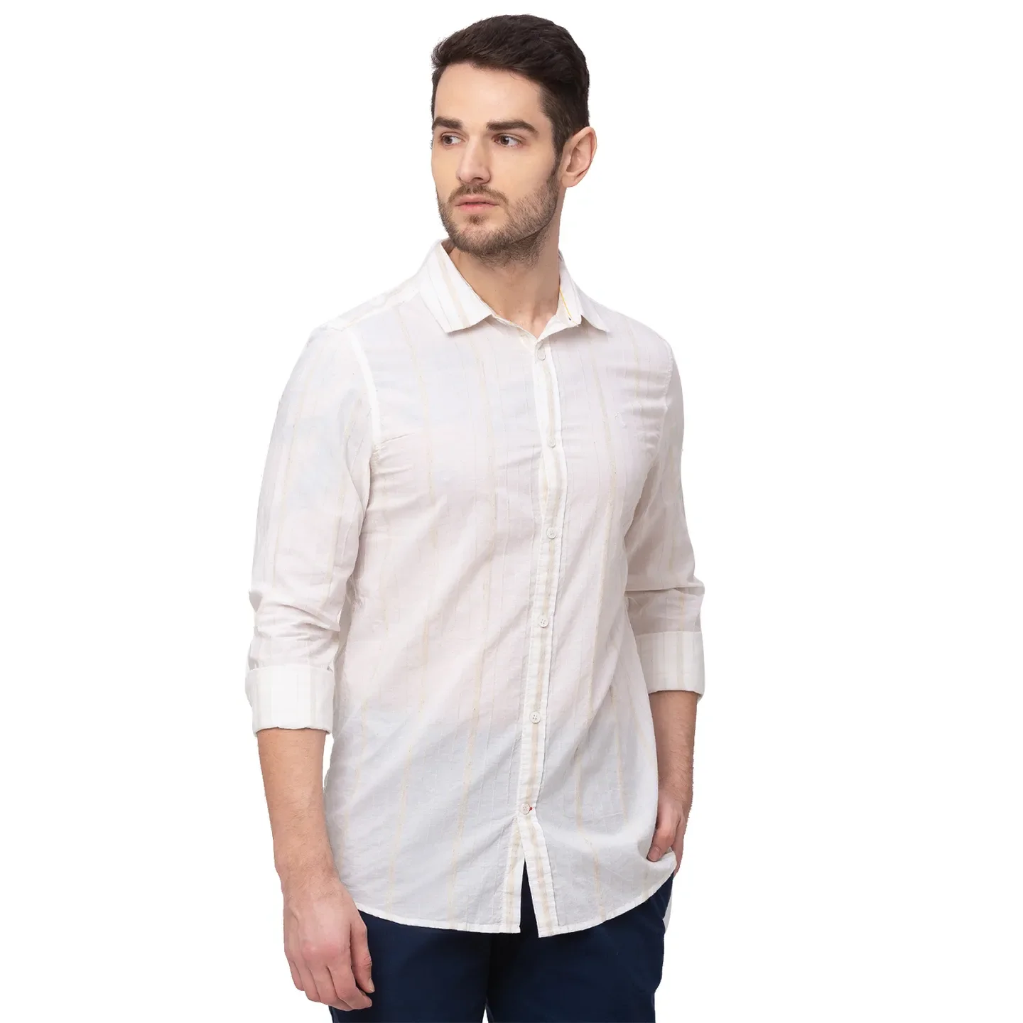Beige Slim Straight Fit Regular Collar Long Sleeves Linen Men's Shirt by Being Human Clothing