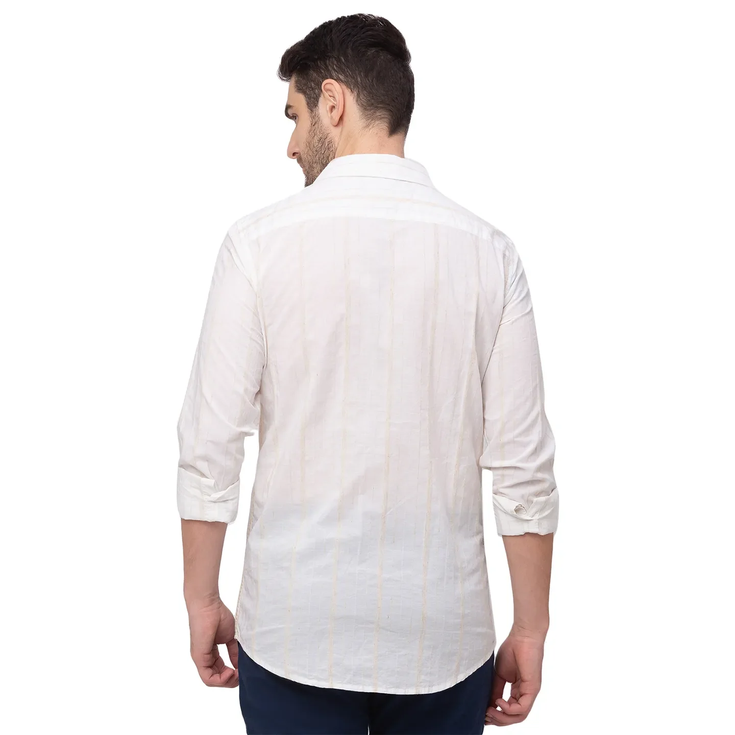 Beige Slim Straight Fit Regular Collar Long Sleeves Linen Men's Shirt by Being Human Clothing - Image 2