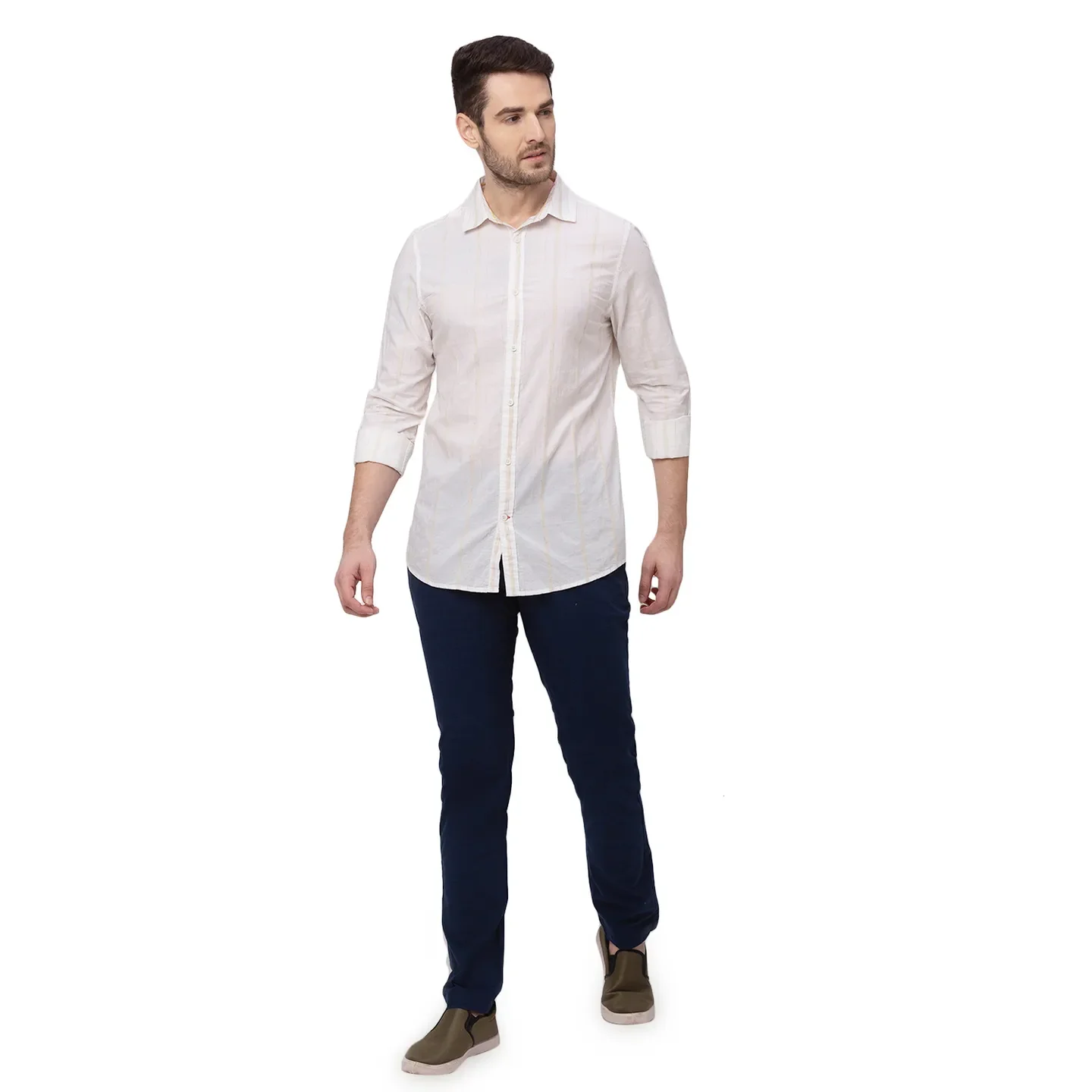 Beige Slim Straight Fit Regular Collar Long Sleeves Linen Men's Shirt by Being Human Clothing - Image 5