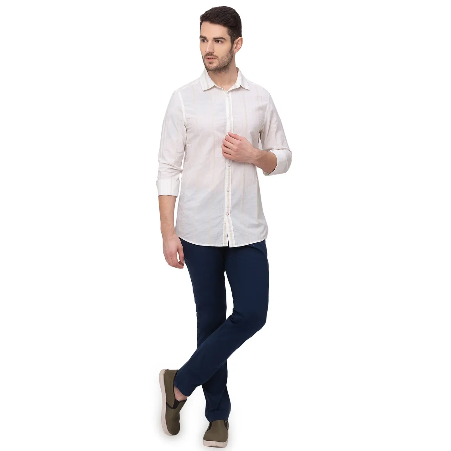 Beige Slim Straight Fit Regular Collar Long Sleeves Linen Men's Shirt by Being Human Clothing - Image 6