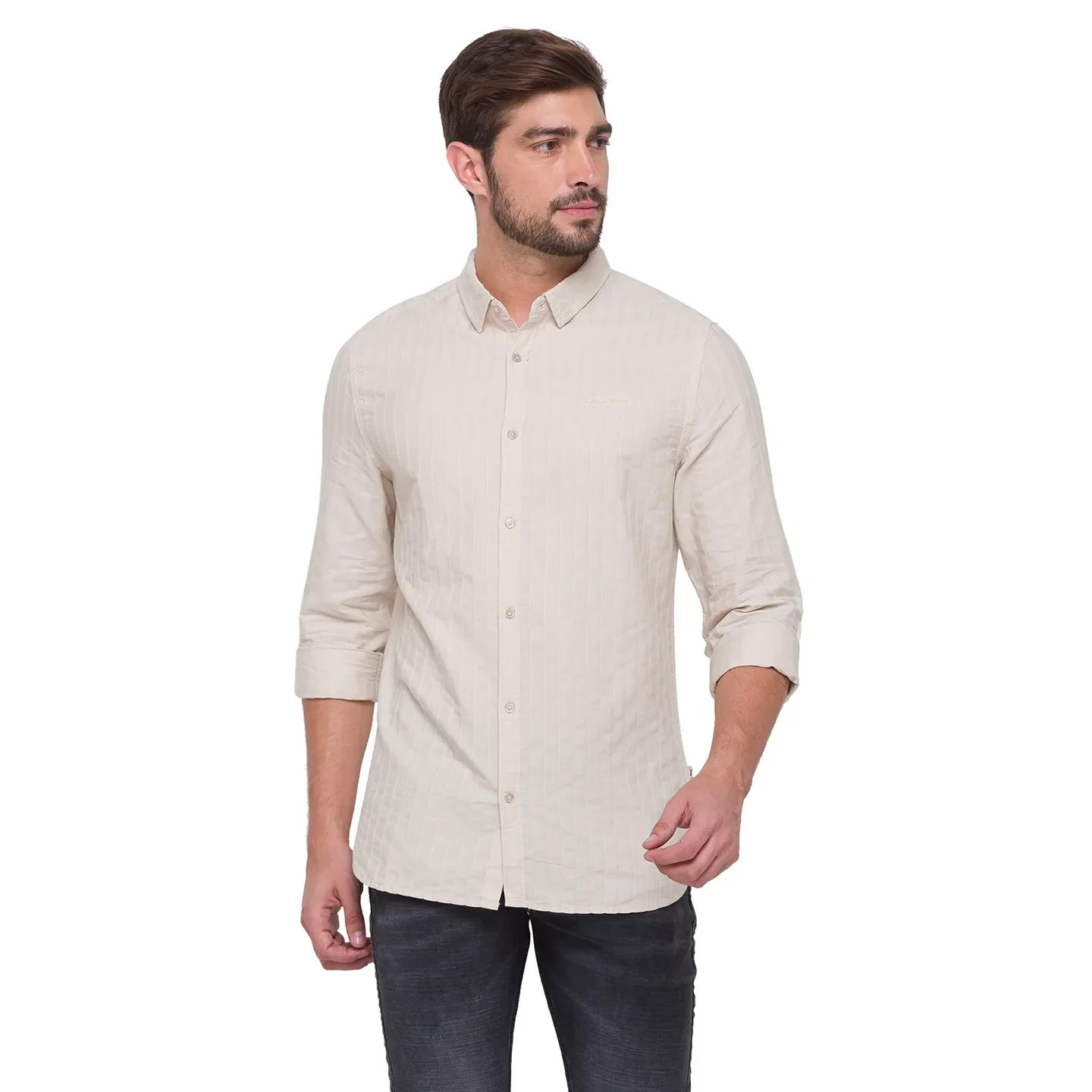 Beige Slim Straight Fit Regular Collar Long Sleeves Cotton Men's Shirt by Being Human Clothing