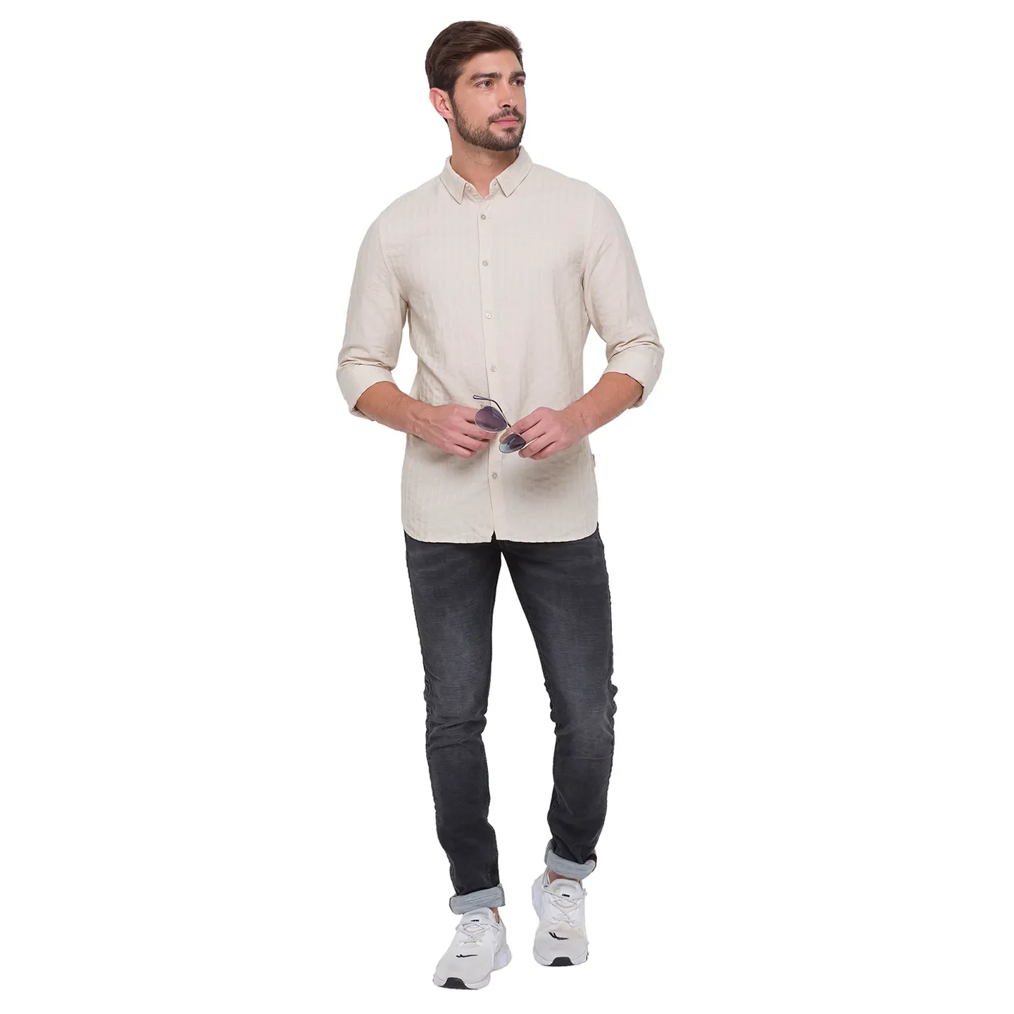 Beige Slim Straight Fit Regular Collar Long Sleeves Cotton Men's Shirt by Being Human Clothing - Image 2