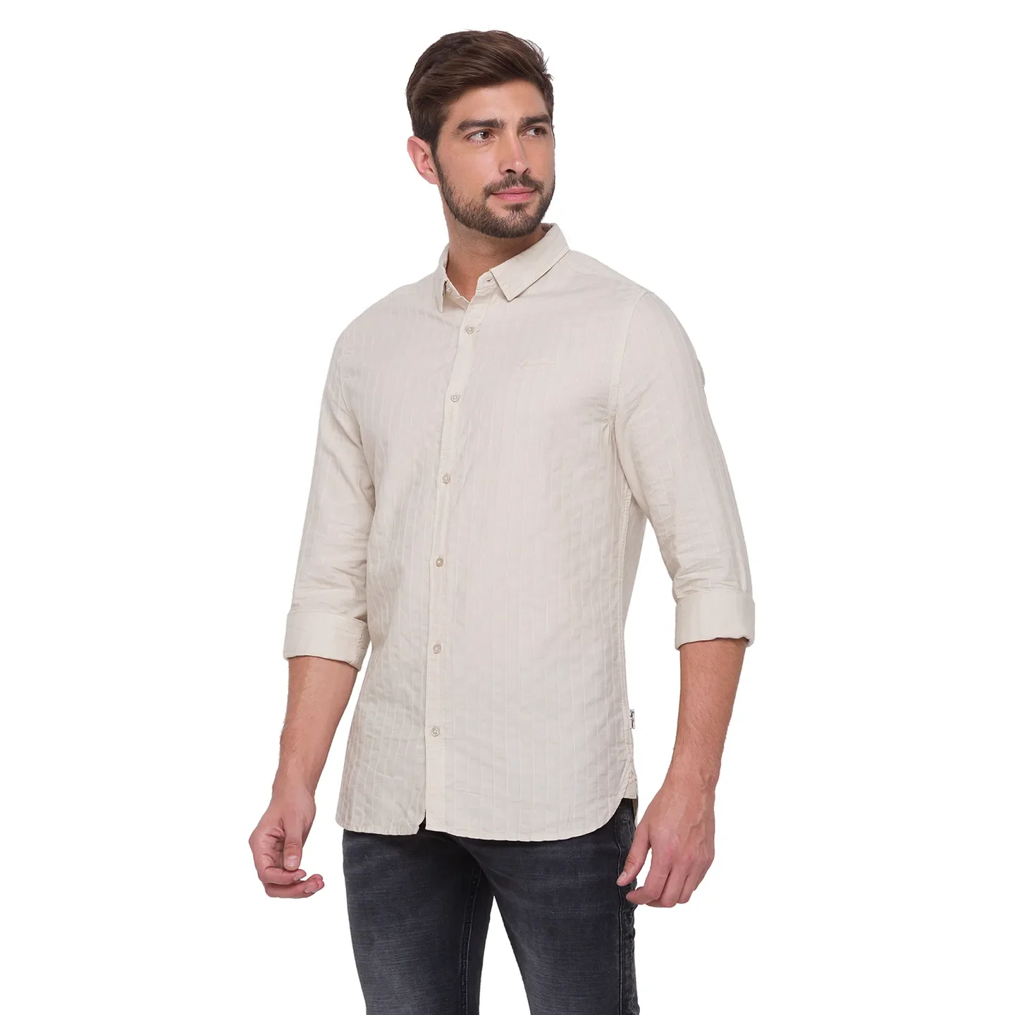 Beige Slim Straight Fit Regular Collar Long Sleeves Cotton Men's Shirt by Being Human Clothing - Image 4