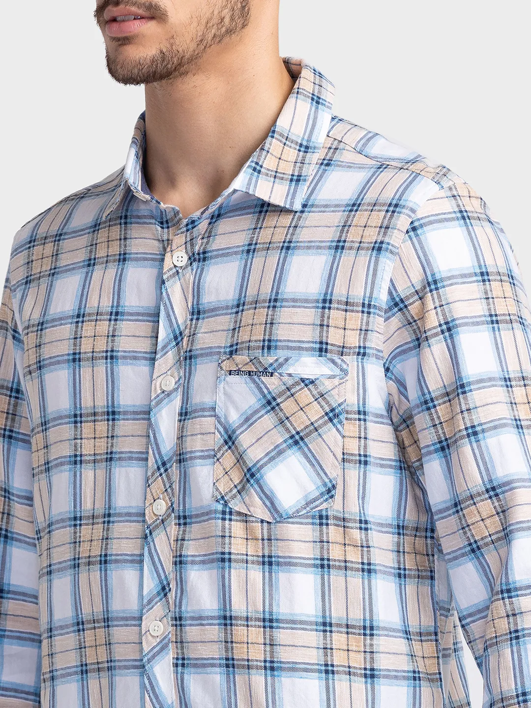 Beige Slim Fit Regular Collar Men's Shirt by Being Human Clothing - Image 5