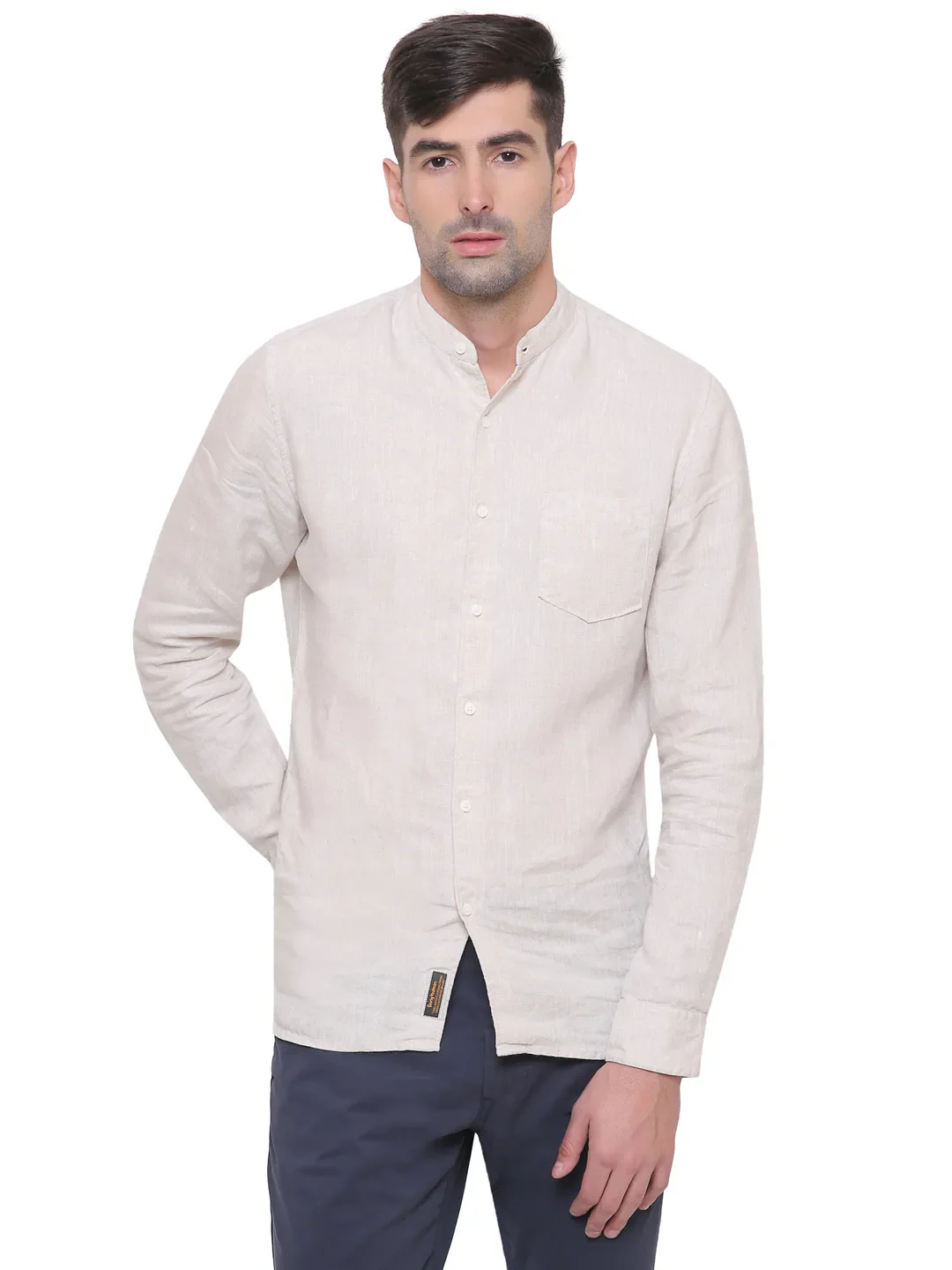 Beige Slim Straight Fit Mandarin Collar Long Sleeves Cotton Men's Shirt by Being Human Clothing