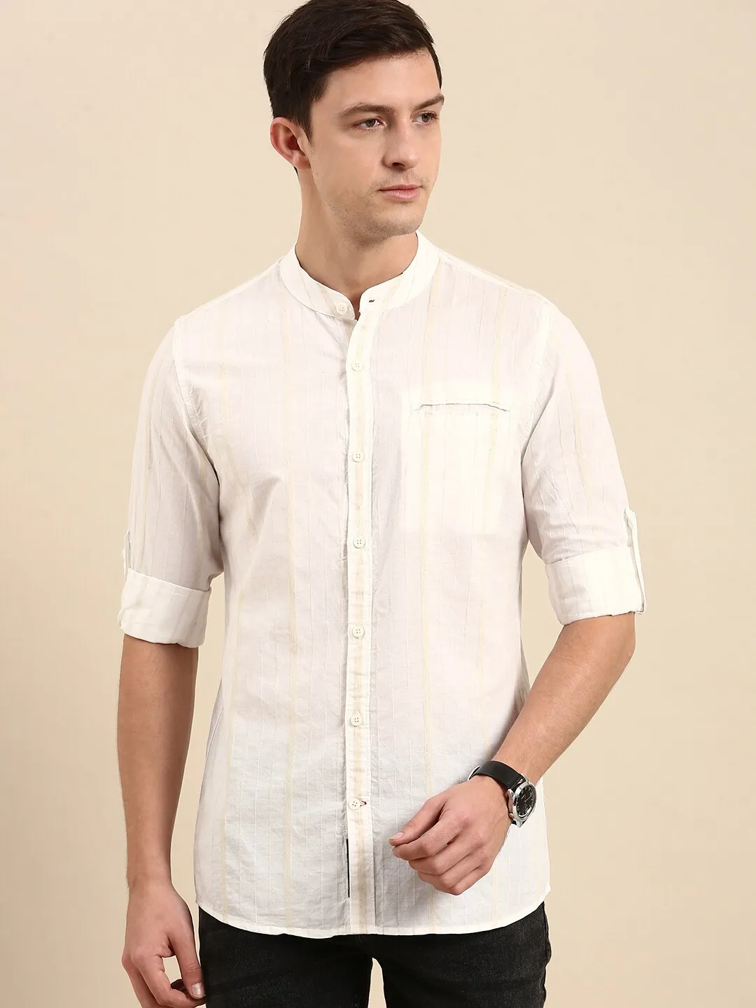 Beige Slim Straight Fit Mandarin Collar Long Sleeves Men's Shirt by Being Human Clothing