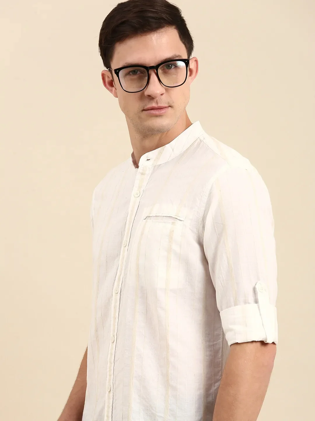 Beige Slim Straight Fit Mandarin Collar Long Sleeves Men's Shirt by Being Human Clothing - Image 2
