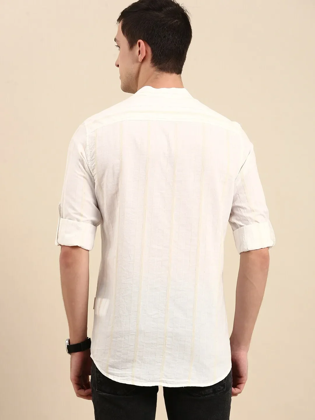 Beige Slim Straight Fit Mandarin Collar Long Sleeves Men's Shirt by Being Human Clothing - Image 3