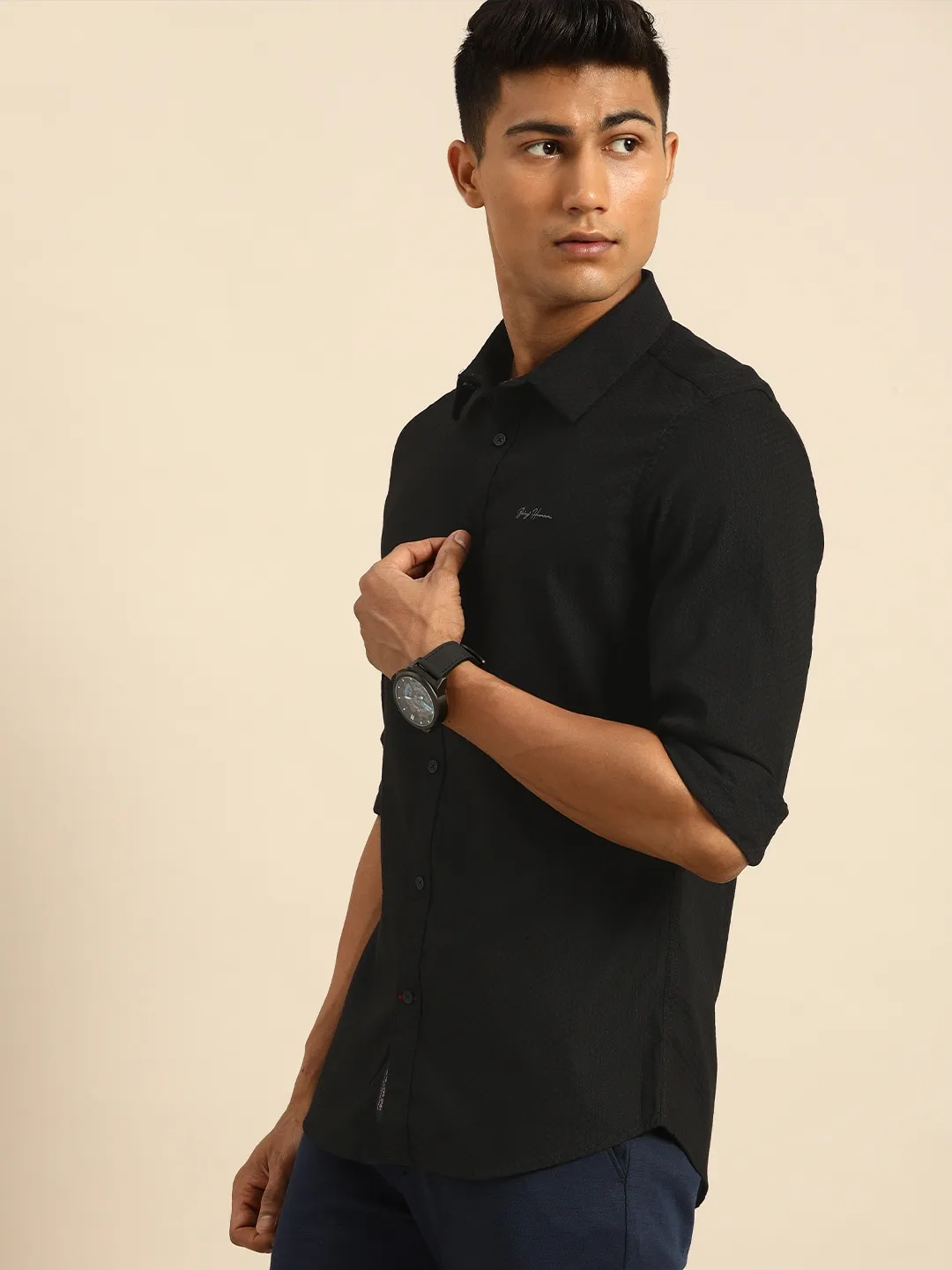 Black Super Slim Fit Regular Collar Long Sleeves Men's Shirt by Being Human Clothing - Image 2