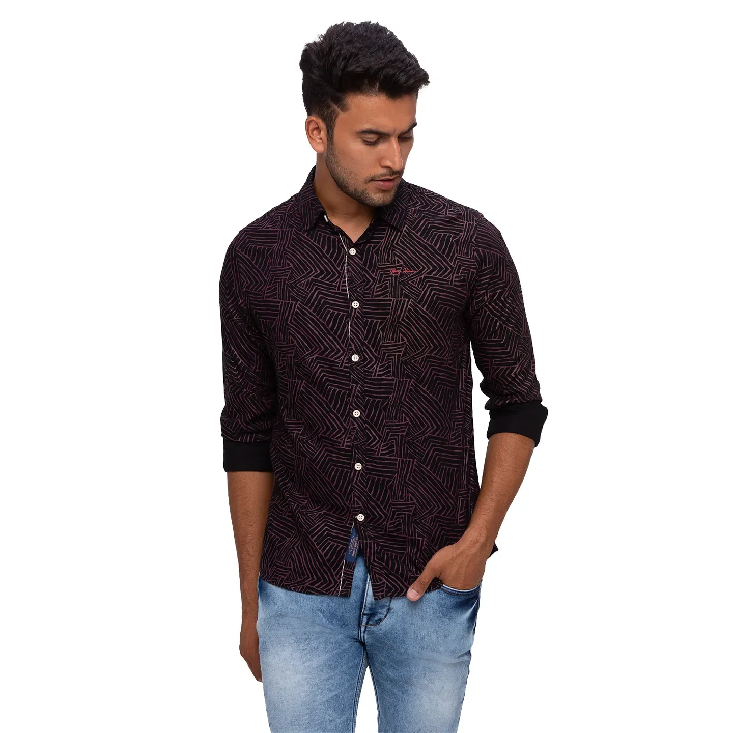Black Regular Fit Regular Collar Long Sleeves Rayon Men's Shirt by Being Human Clothing